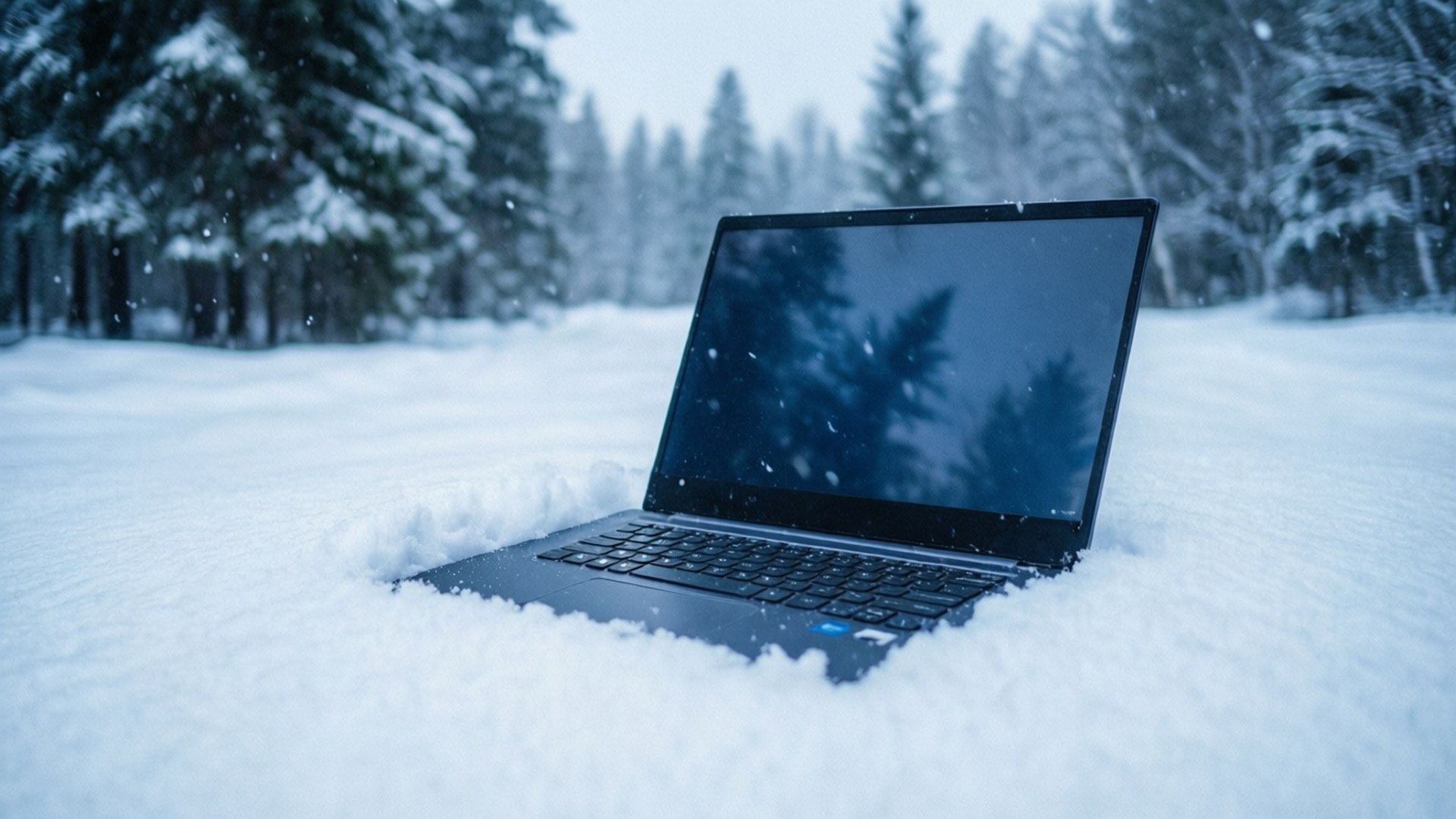 冬日仙境 Chromebook 壁紙 — 一台時尚的筆記型電腦打開放在深雪中，周圍是白雪覆蓋的松樹，背景是灰色的冬日天空。