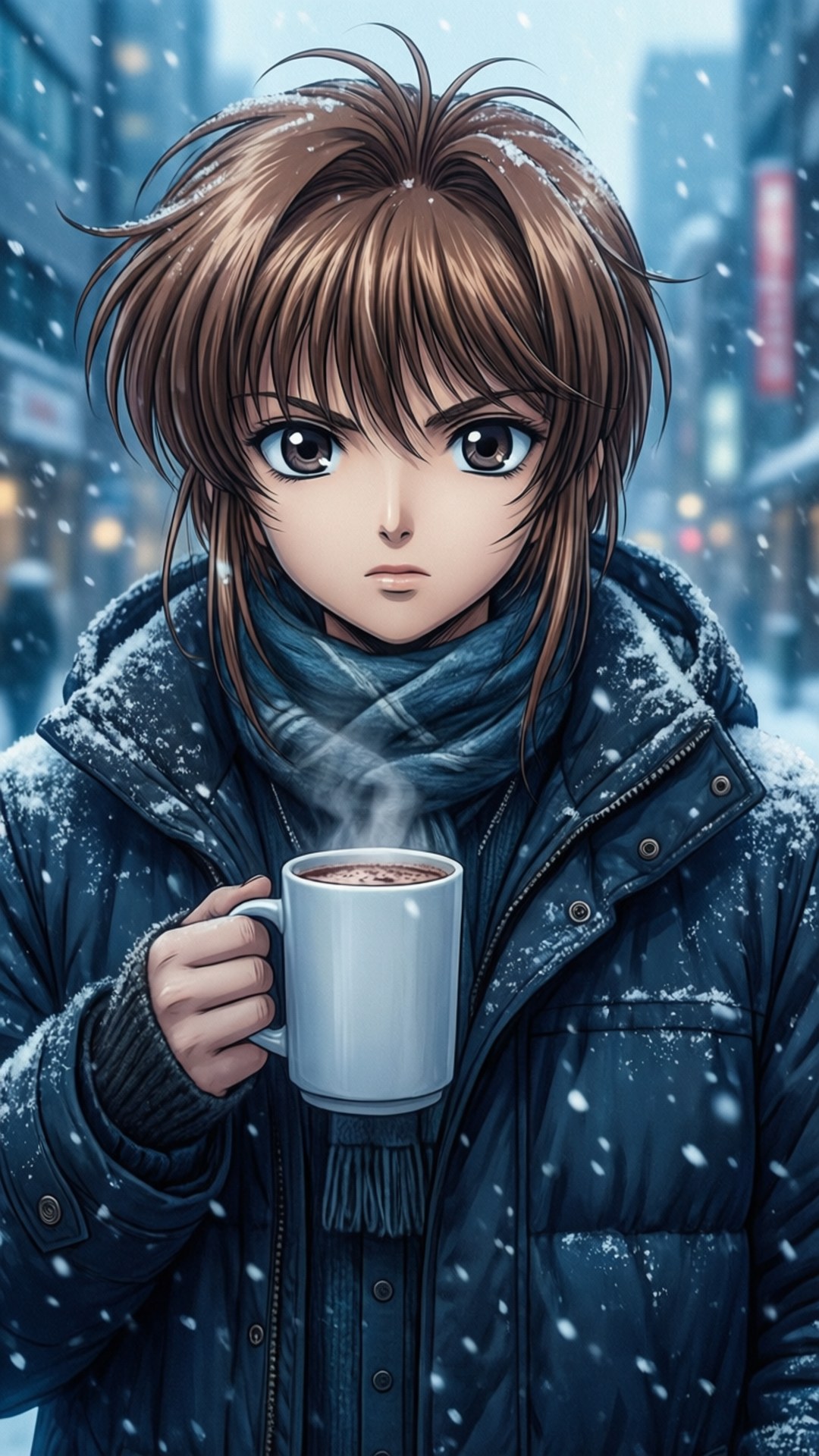 冬日凝望 壁紙 — 一個年輕的動漫角色在雪城市中拿著冒熱氣的杯子，雪花在周圍飄落。