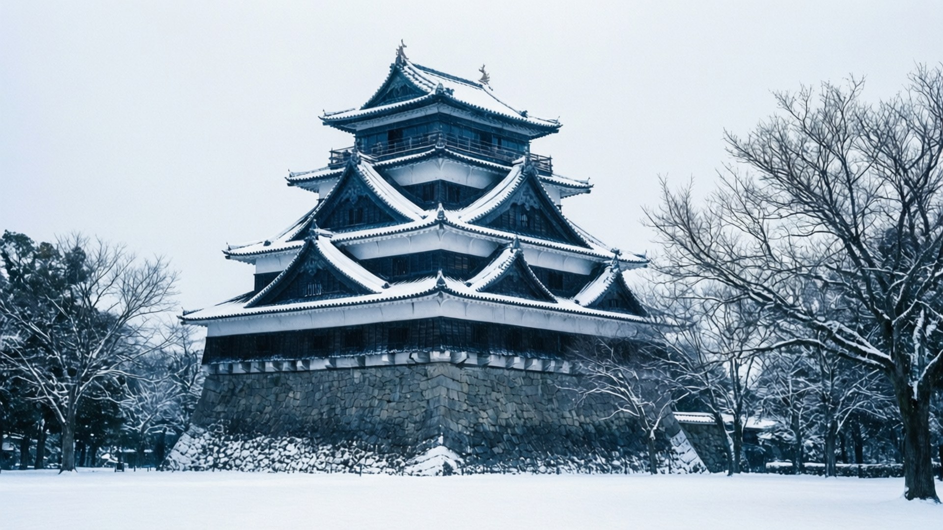冬日大阪城 壁紙 — 一座雄偉的雪覆蓋的日本城堡在蒼白的冬日天空下，被光禿禿的樹木環繞，靜靜矗立。