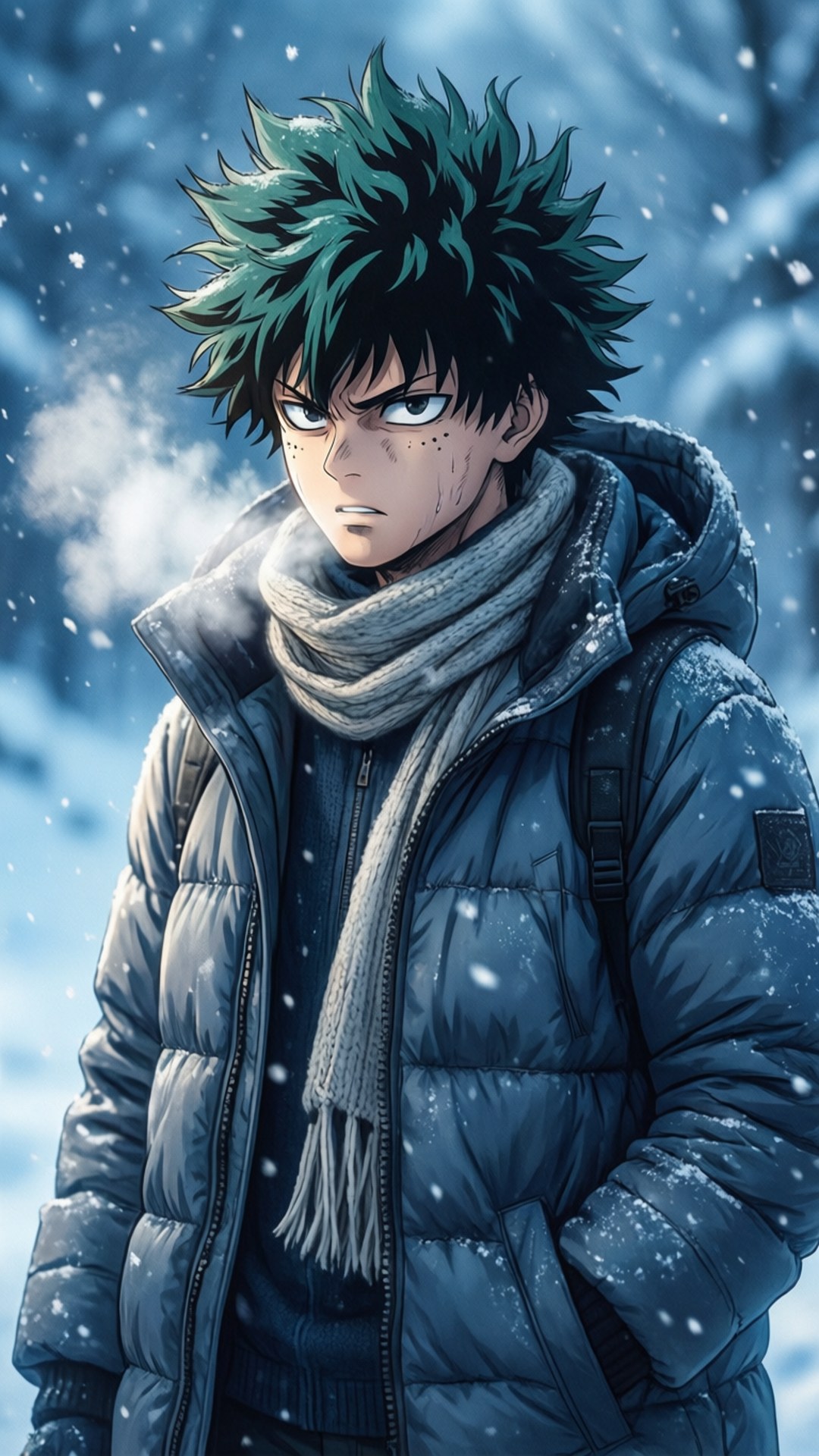冬日戰士 壁紙 — 一個堅定的動漫男孩，有著尖刺的綠色頭髮，穿著蓬鬆的夾克和圍巾，站在雪白的冬季場景中。