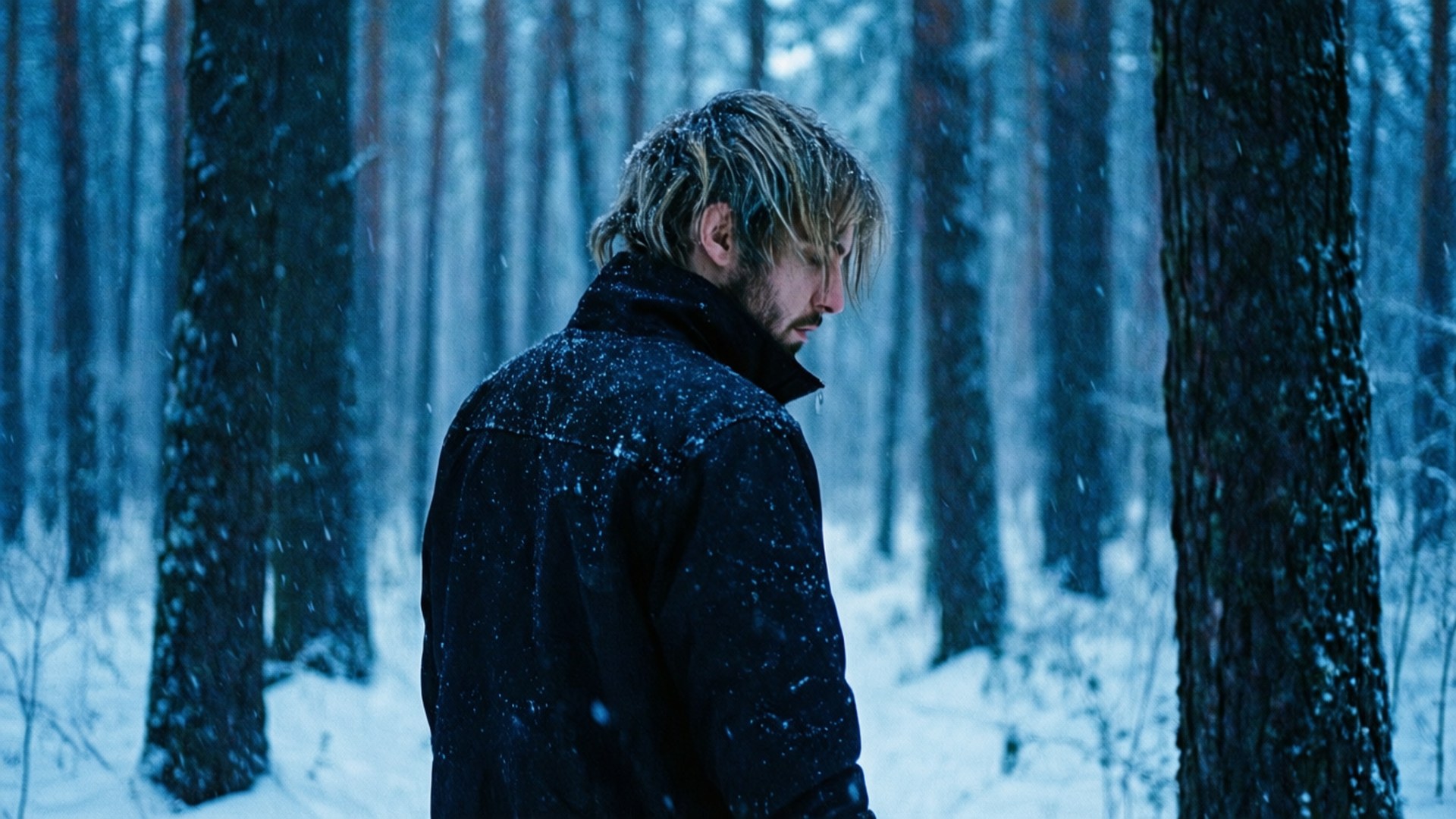 冬日行者 壁紙 — 一個頭髮沾滿雪的男人莊嚴地站在雪地森林中，雪花在他周圍飄舞。