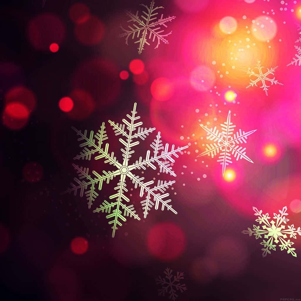 桌布 壁紙 — 冰冷的雪花在紅色、粉紅色和金色燈光的鮮豔散景背景下閃耀。