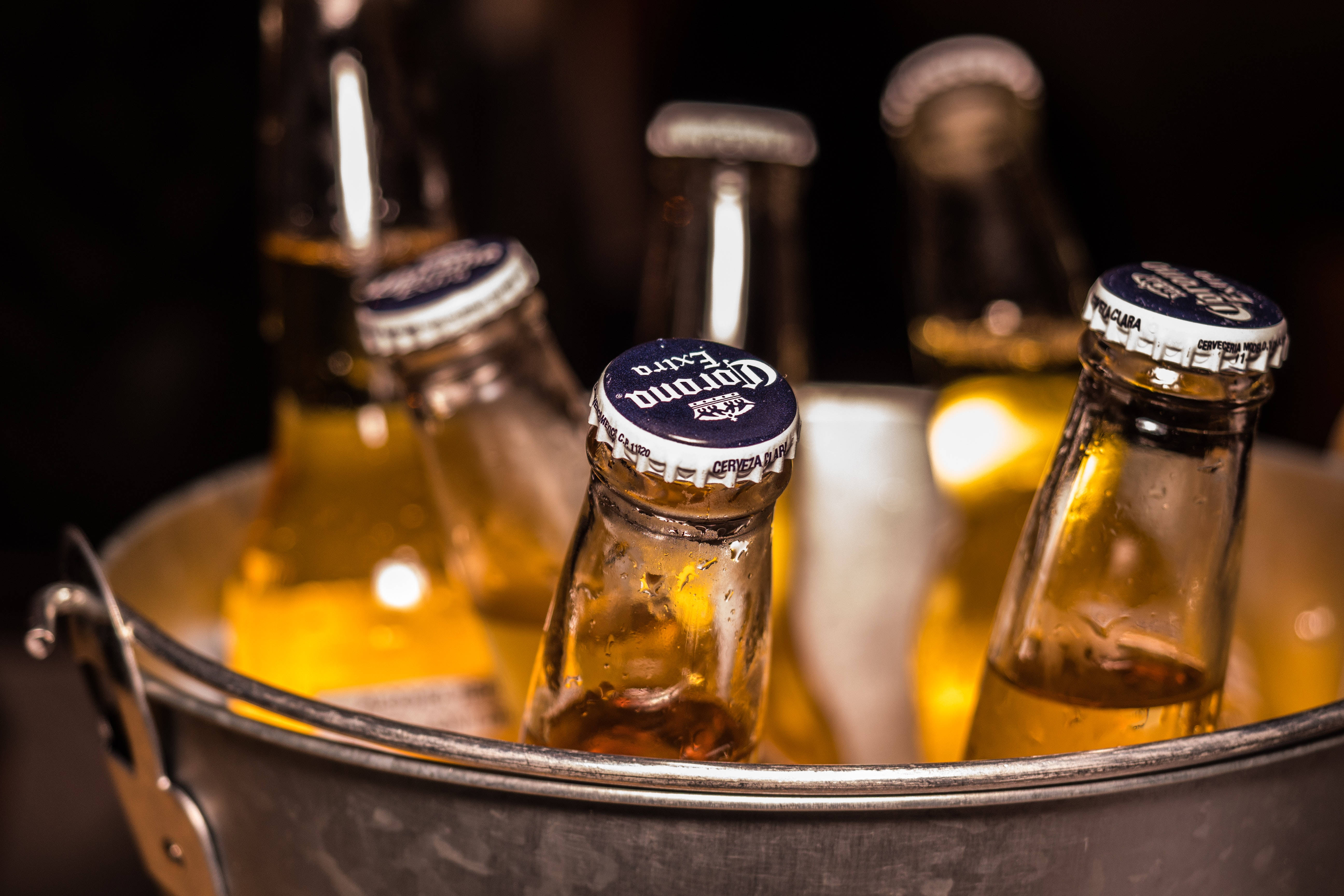 alcohol 桌布 壁紙 — 冰凍Corona Extra啤酒瓶在金屬桶中閃閃發光的特寫，帶有溫暖的金色燈光。