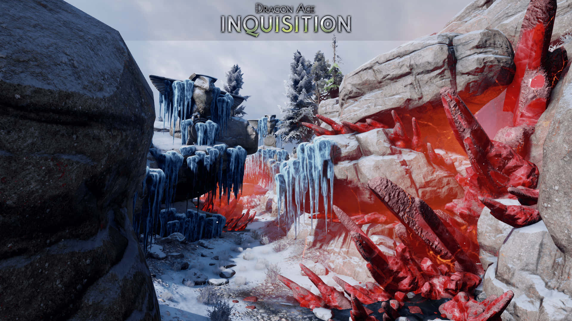 Best Dragon Age Inquisition 桌布 壁紙 — 冰凍洞穴，有冰柱和發光的紅色晶體結構，在陰天之下。