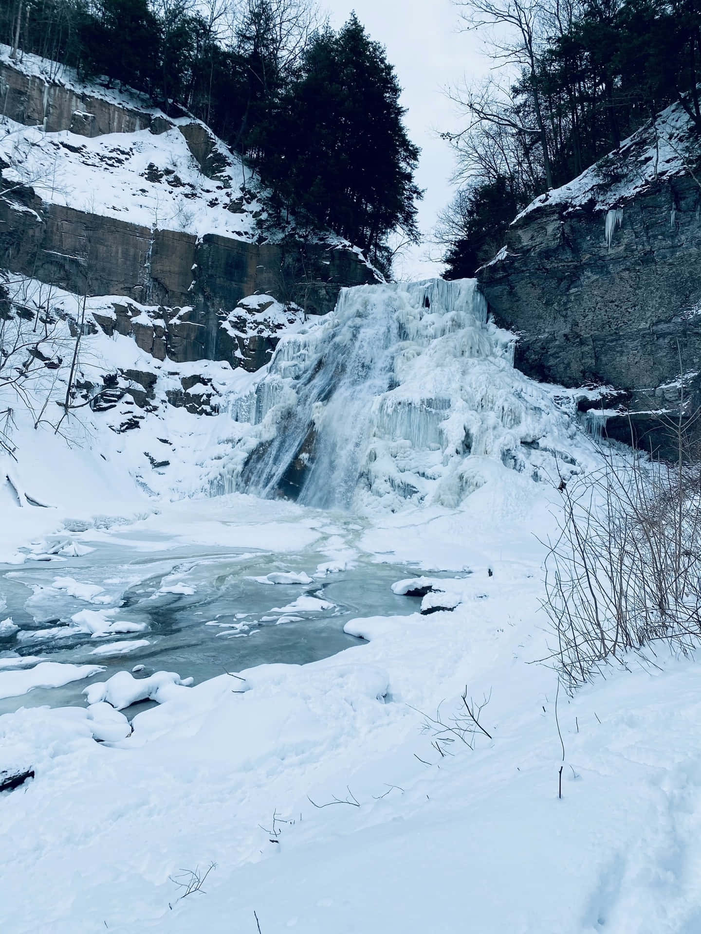 瀑布 桌布 壁紙 — 冰凍瀑布從積雪懸崖傾瀉而下，流入被冬季樹林環繞的冰河。