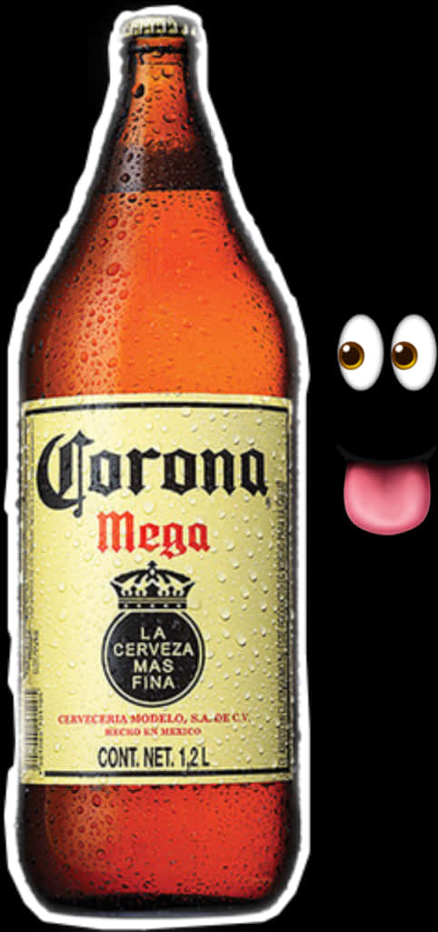 Corona Beer 桌布 壁紙 — 冰凍的Corona Mega啤酒瓶，帶有冷凝水，側面有一個卡通臉孔在黑色背景上偷看。