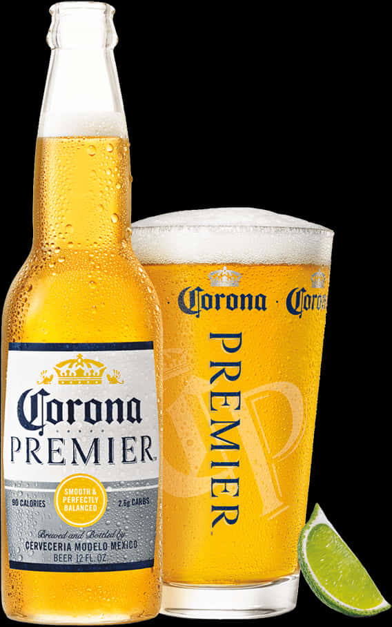 Corona Beer 桌布 壁紙 — 冰凍的Corona Premier啤酒瓶和玻璃杯，配以萊姆角，黑色背景。