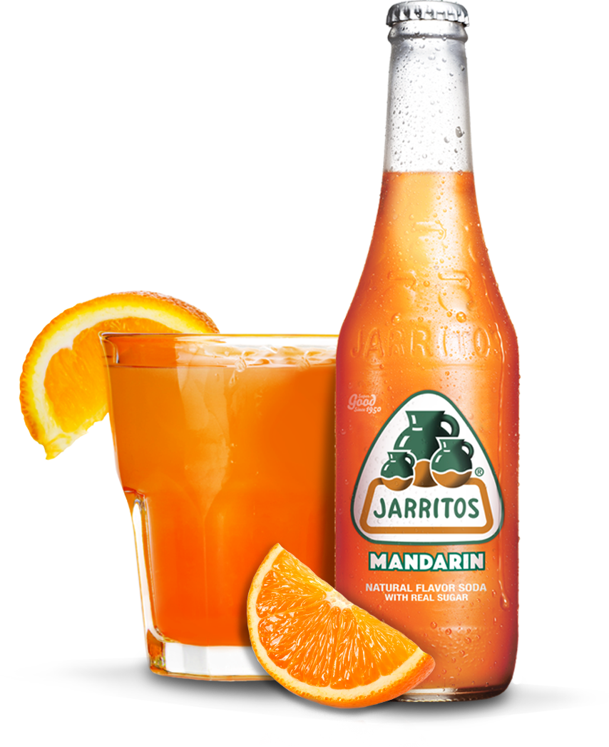 mandarin 桌布 壁紙 — 冰凍的Jarritos Mandarin汽水瓶和玻璃杯，飾以新鮮柳橙片，白色背景。