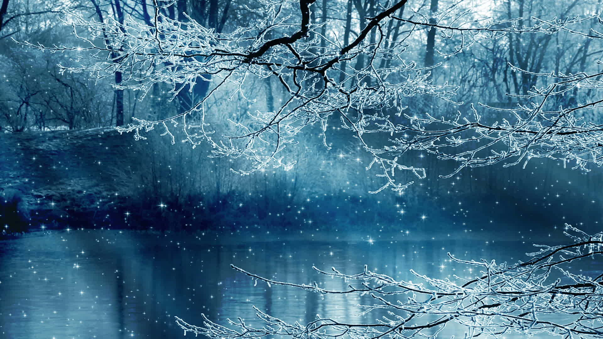 Winter Scenery Desktop 桌布 壁紙 — 冰凍的樹枝在霧氣籠罩的藍色湖面上閃爍著冰晶，上方是白雪皚皚的冬日天空。