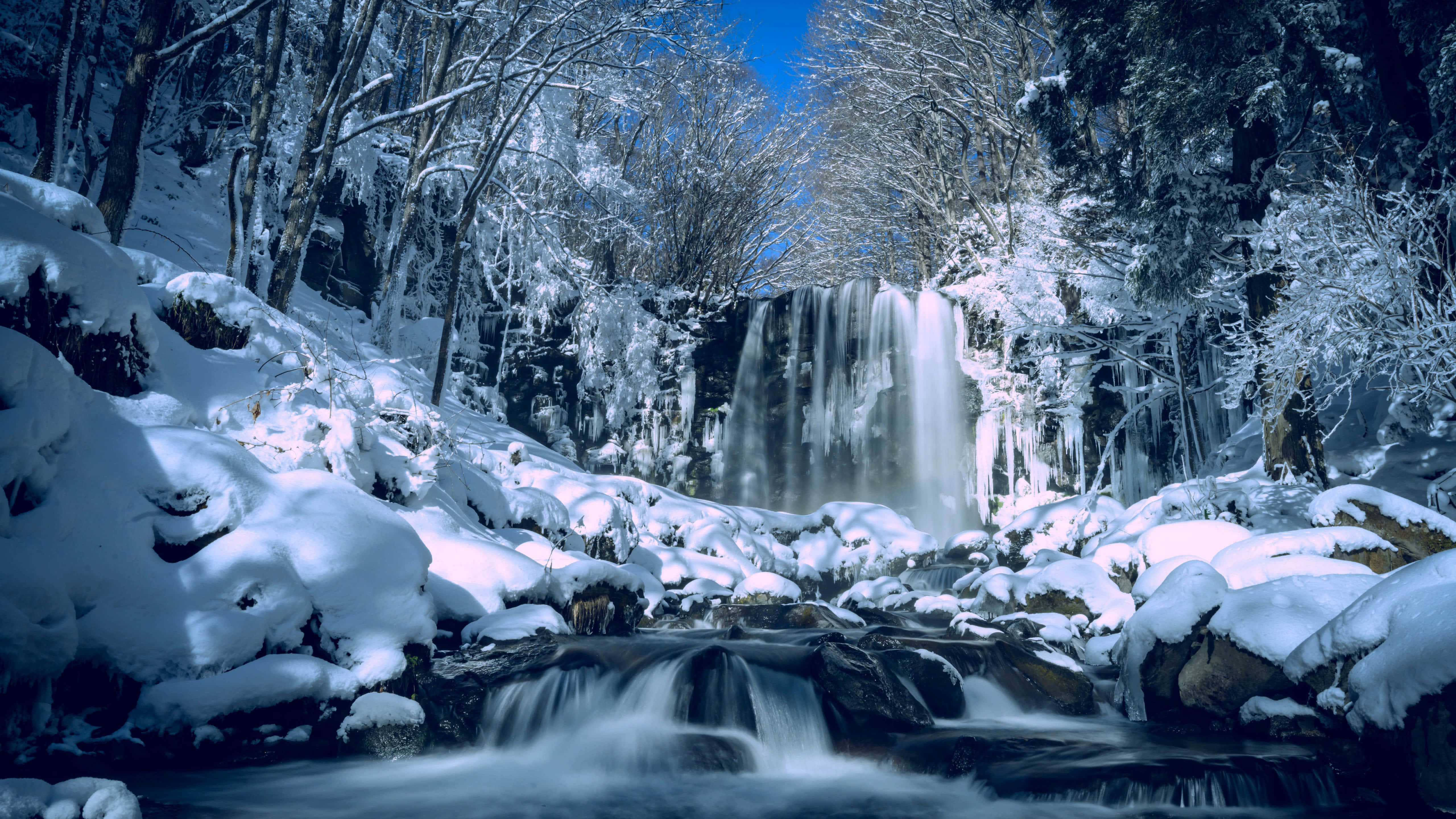 瀑布 桌布 壁紙 — 冰凍的瀑布在晴朗的藍天下流過白雪覆蓋的森林。