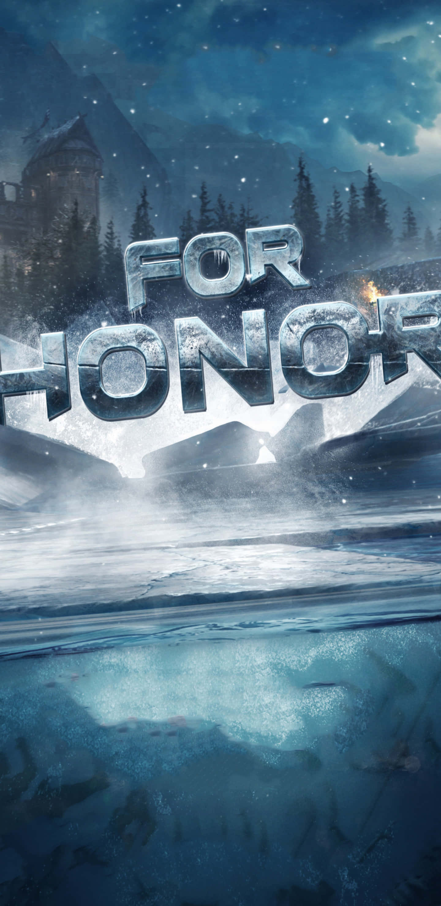 For Honor 桌布 壁紙 — 冰封城堡廢墟在星光燦爛的冬日天空下，雪花飄落，聳立在冰冷的標題文字後面。