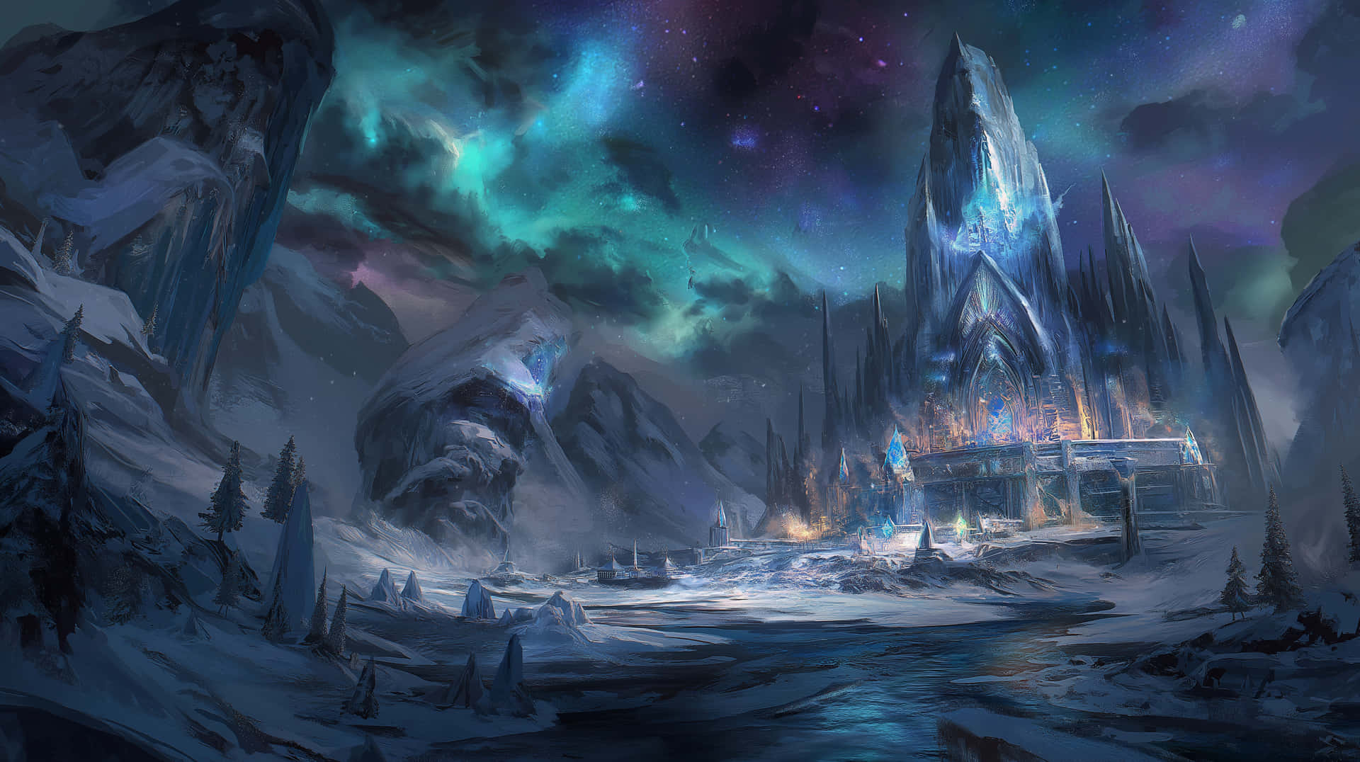 Magical Ice City Under Vibrant Aurora Borealis Sky 壁紙 — 冰封的山谷，在充滿活力的極光天空下，一座發光的冰城堡坐落在崎嶇的山峰之間。