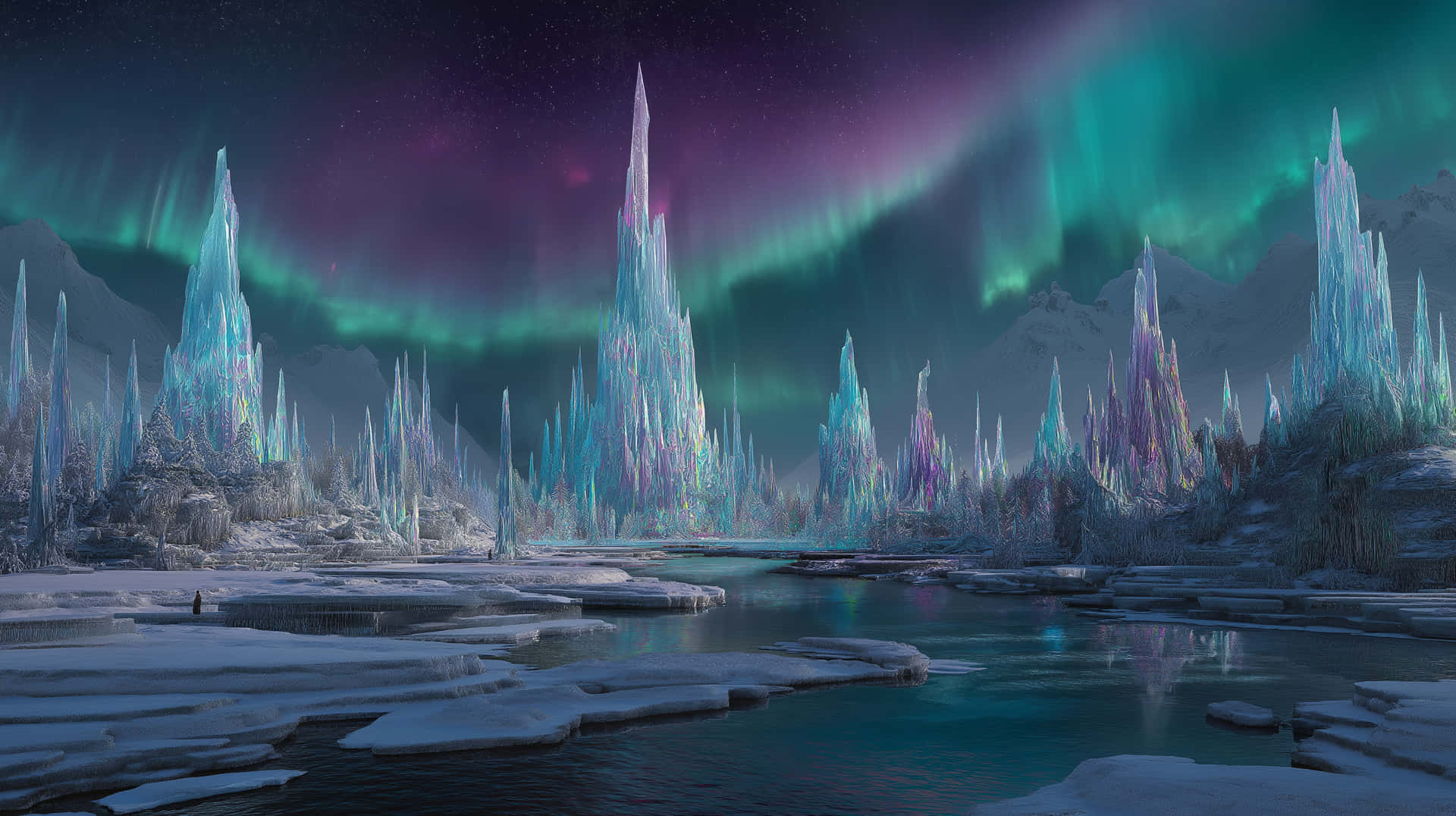 Vibrant Ice Kingdom Under Celestial Aurora Display 壁紙 — 冰封的景觀中，高聳的水晶尖塔在 vibrant 的北極光下，倒映在冰冷的水中。