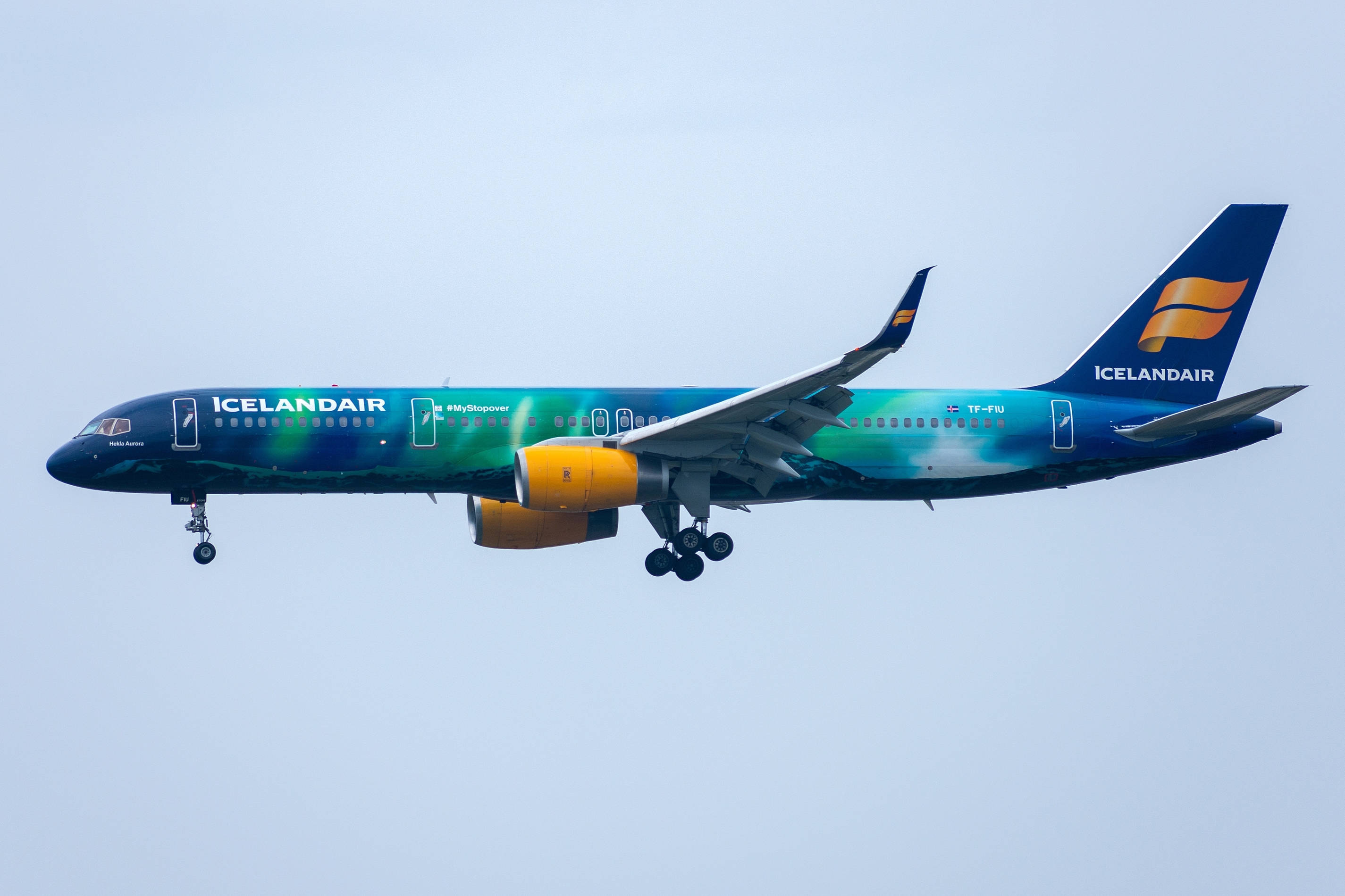 flying 桌布 壁紙 — 冰島航空飛機帶有鮮豔的綠、藍、黃色塗裝，在蒼白的天空下飛行，起落架放下。