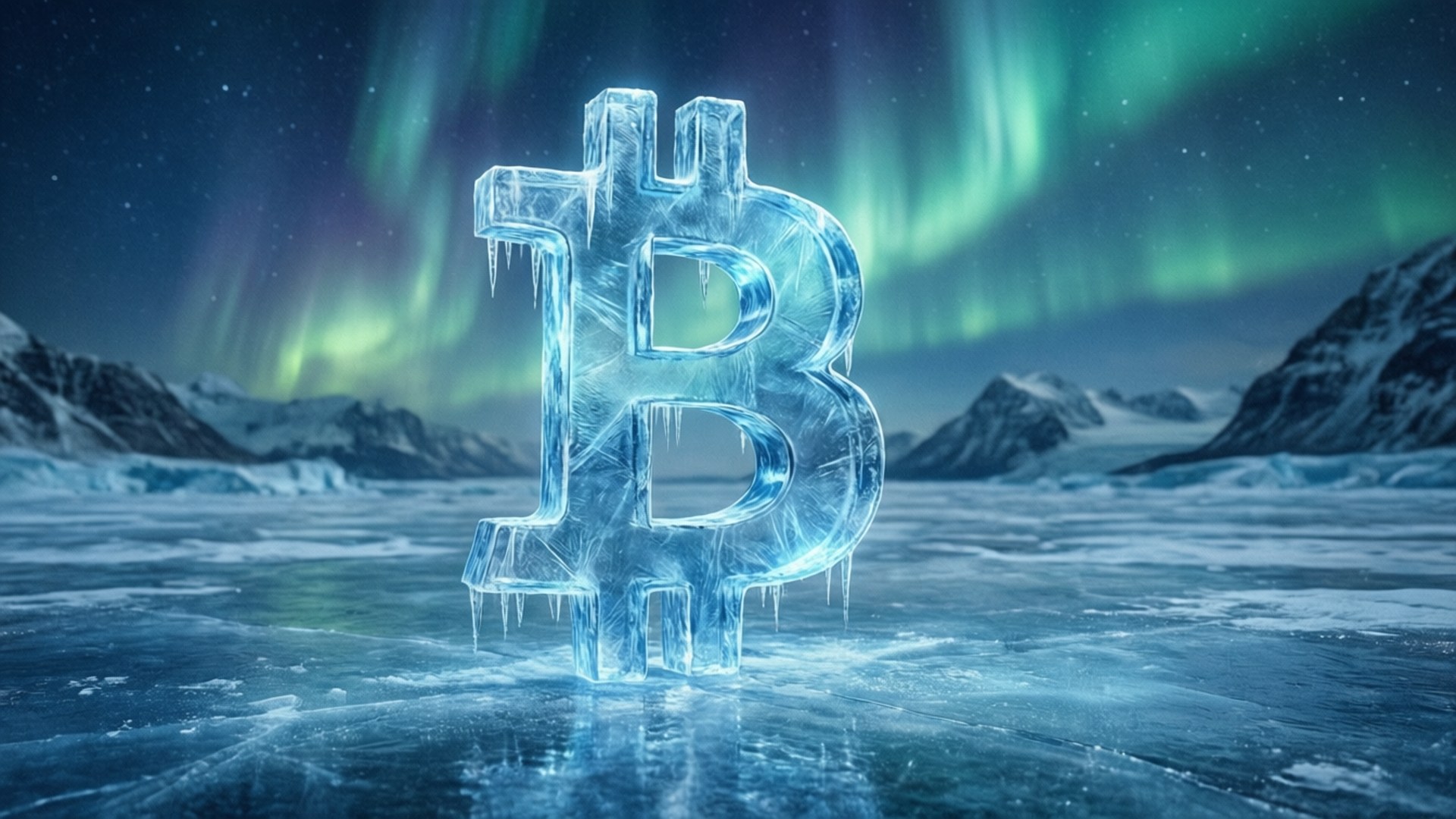 冰晶比特幣與極光 壁紙 — 一個巨大的比特幣符號冰雕，在充滿活力的綠色極光下，矗立在白雪覆蓋的凍原上。
