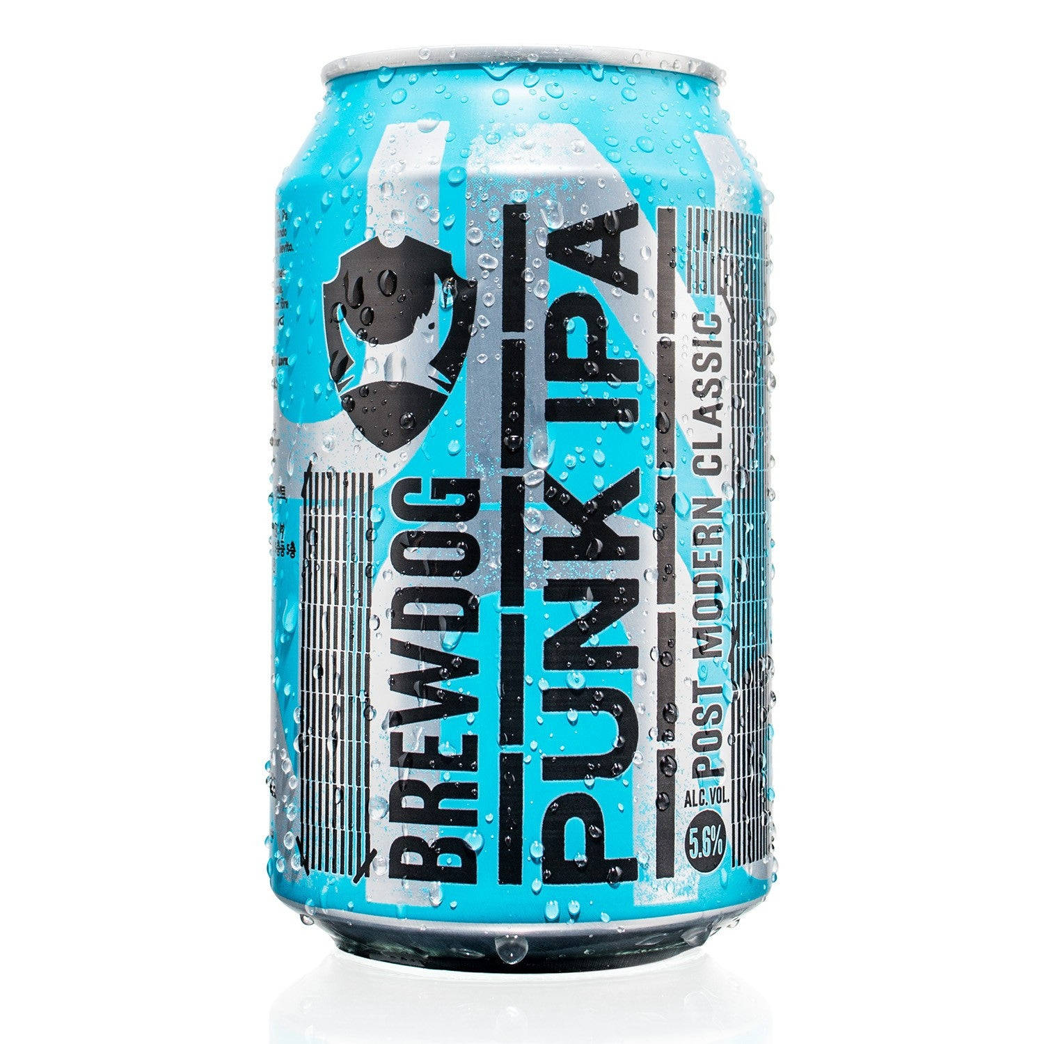 Drink 桌布 壁紙 — 冰涼的BrewDog Punk IPA罐頭帶有冷凝水珠，在純白背景上閃閃發光。