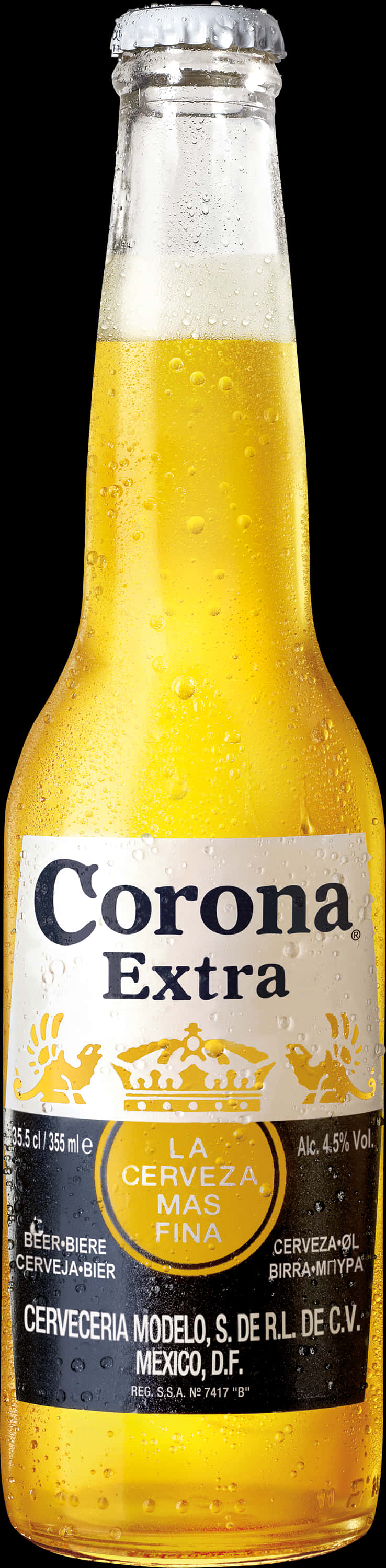 Corona Beer 桌布 壁紙 — 冰涼的Corona Extra啤酒瓶，琥珀色玻璃表面凝結著閃爍的水珠，襯托在純黑背景上。