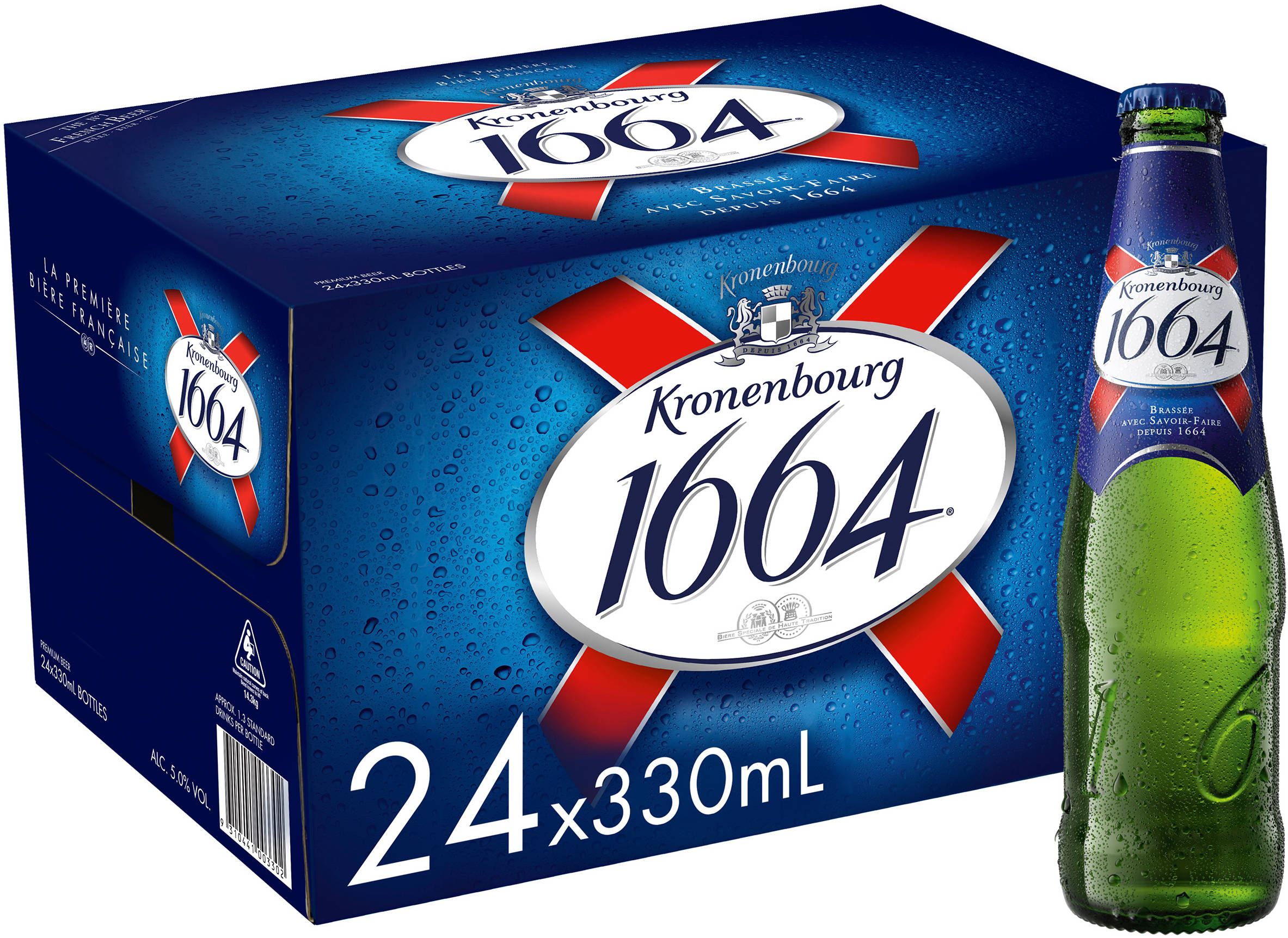 Beer Bottle 桌布 壁紙 — 冰涼的Kronenbourg 1664啤酒盒和瓶子，在鮮豔的藍色和紅色品牌背景上帶有冷凝水滴。