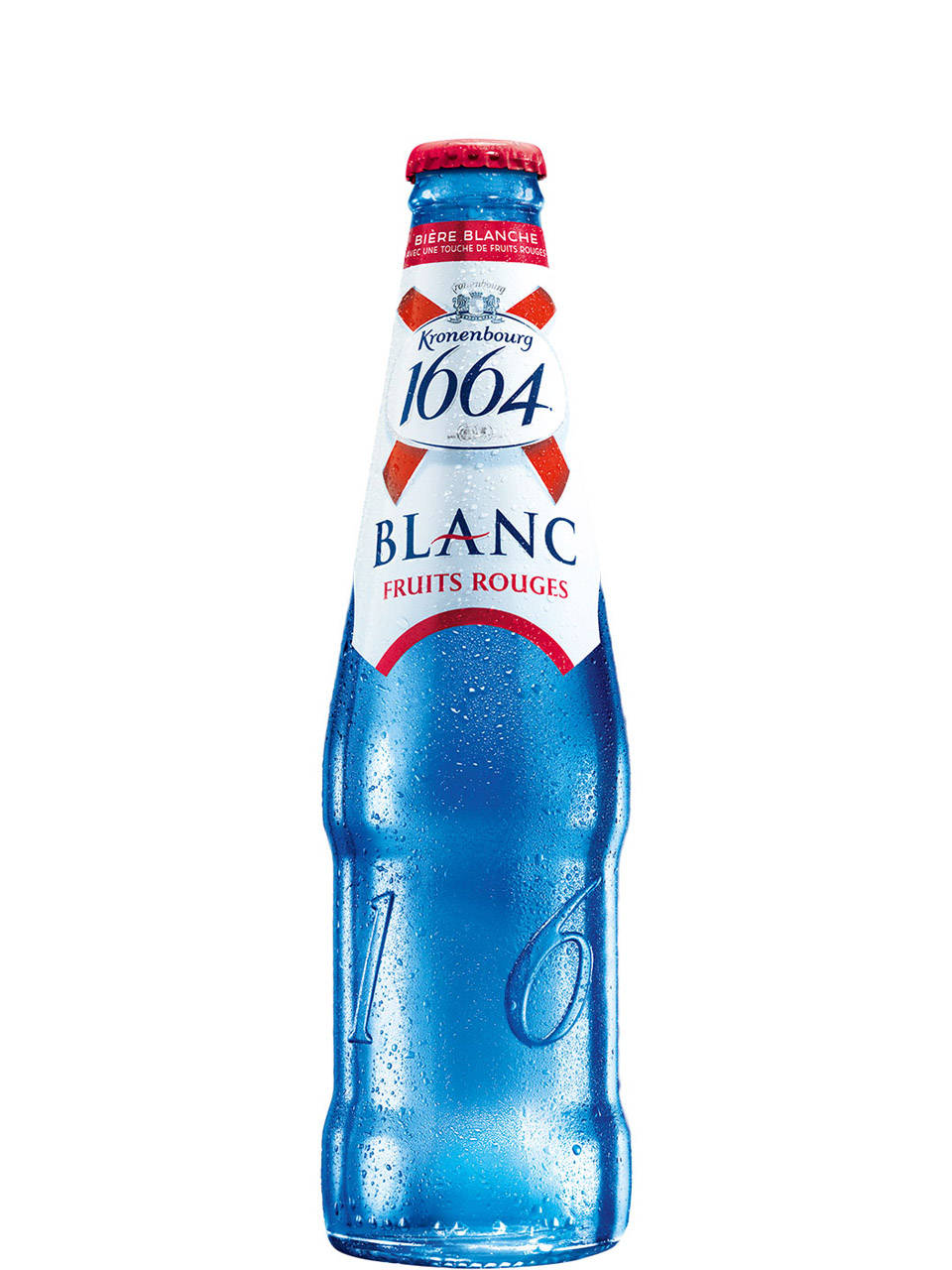 Fruit 桌布 壁紙 — 冰涼的Kronenbourg 1664 Blanc Fruits Rouges酒瓶在純白背景上閃爍著冷凝水珠。