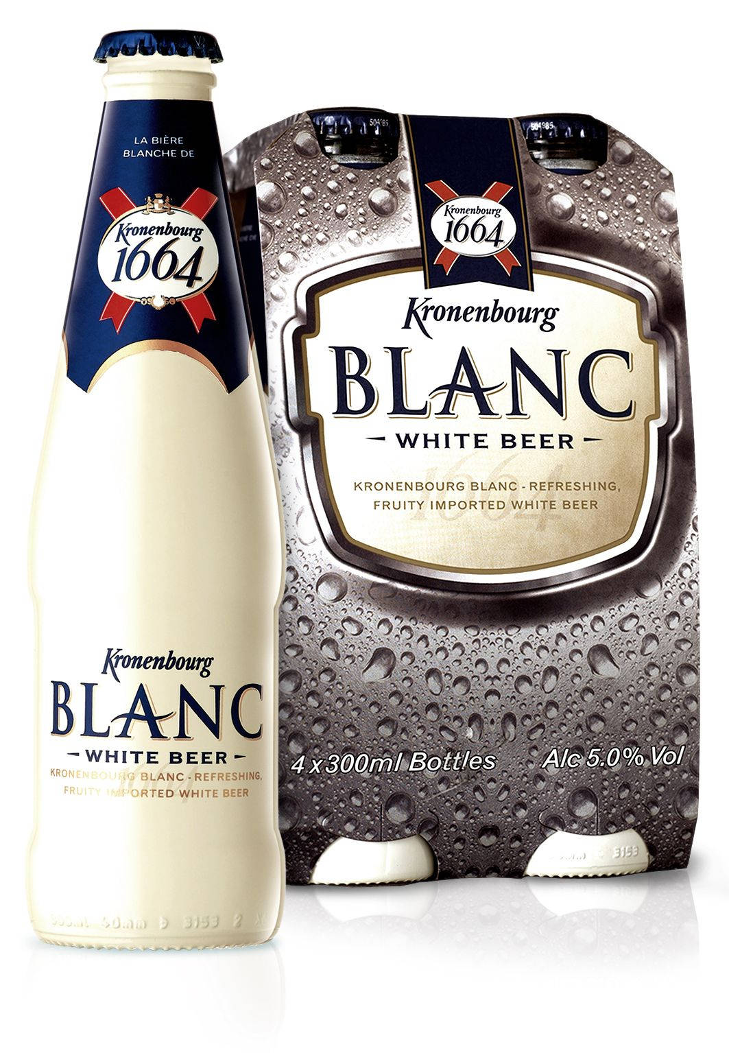 Beer 桌布 壁紙 — 冰涼的Kronenbourg Blanc白啤酒瓶和四罐裝展示，帶有冷凝水滴，背景為潔淨的白色。