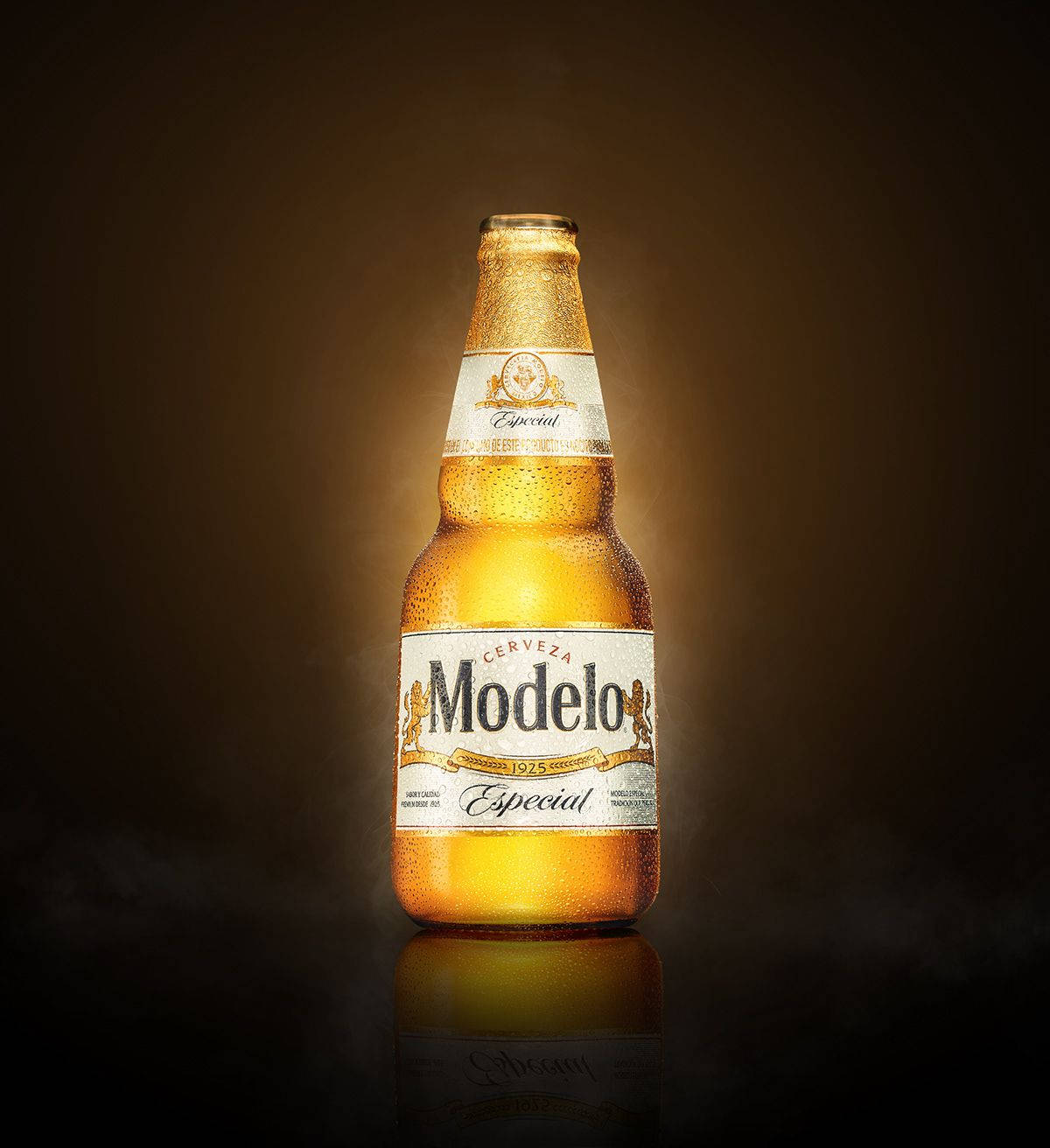 飲料 桌布 壁紙 — 冰涼的Modelo Especial啤酒瓶在帶有反射表面的深色漸層背景上閃爍著冷凝水珠。