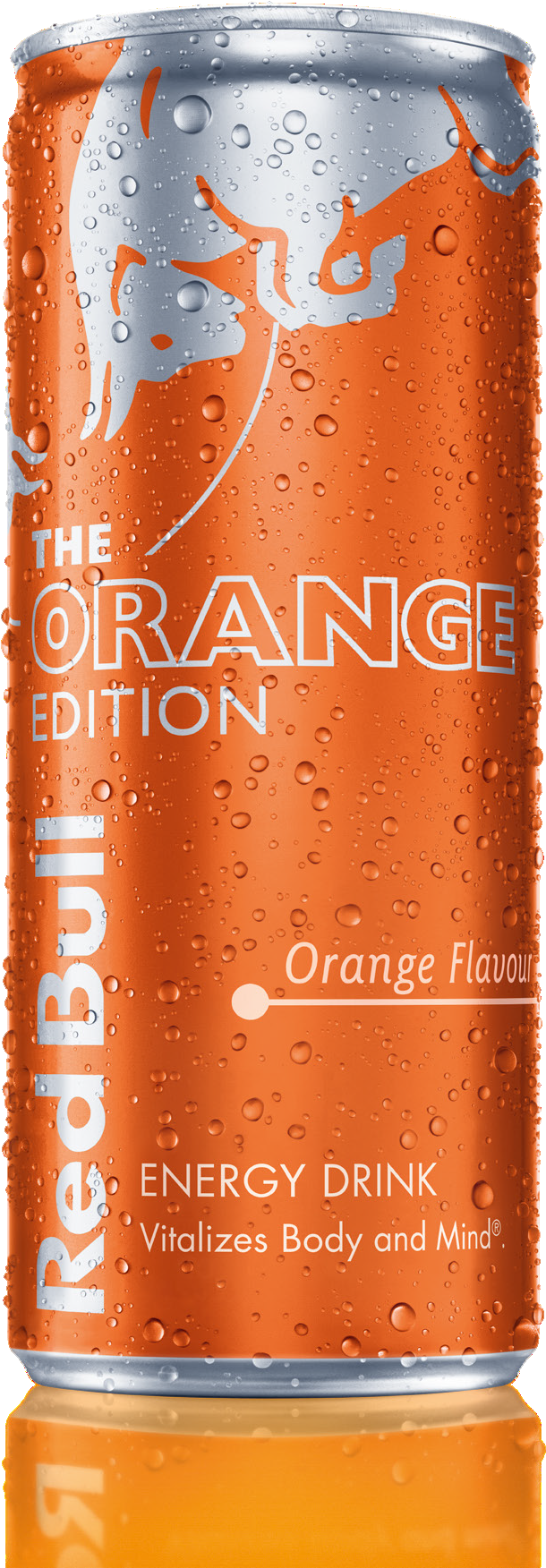 紅牛 桌布 壁紙 — 冰涼的Red Bull Orange Edition罐裝飲品在純白背景上閃爍著冷凝水珠。