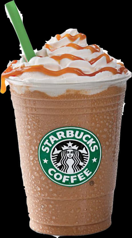 Starbucks Coffee 桌布 壁紙 — 冰涼的星巴克冰咖啡飲品，上面加上鮮奶油、焦糖醬和綠色吸管。