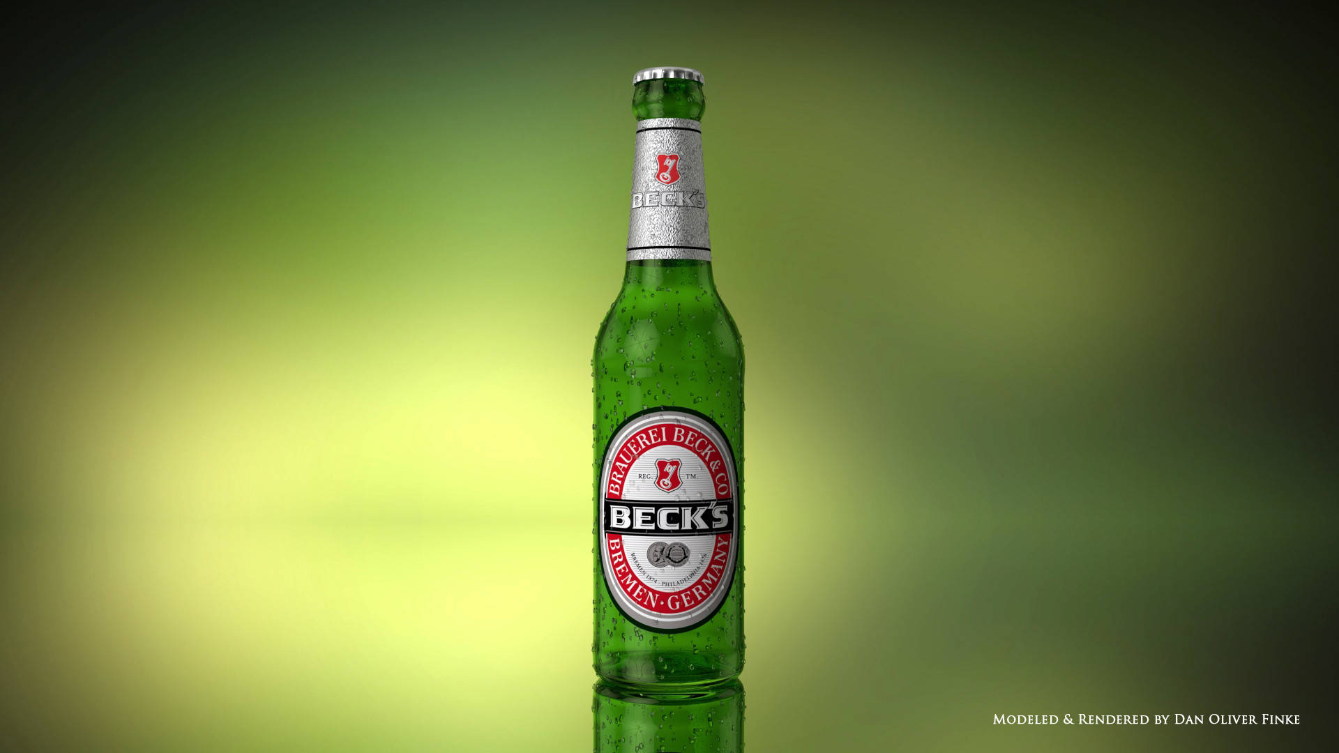 Beer 桌布 壁紙 — 冰涼的綠色Beck's啤酒瓶在柔和漸層綠色背景上閃爍著冷凝水珠。