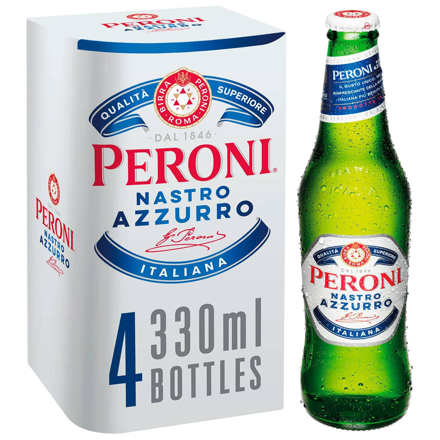 Beer 桌布 壁紙 — 冰涼的綠色Peroni Nastro Azzurro啤酒瓶，帶有冷凝水，旁邊是其白色四瓶裝紙盒，帶有紅、藍、銀色品牌標識。