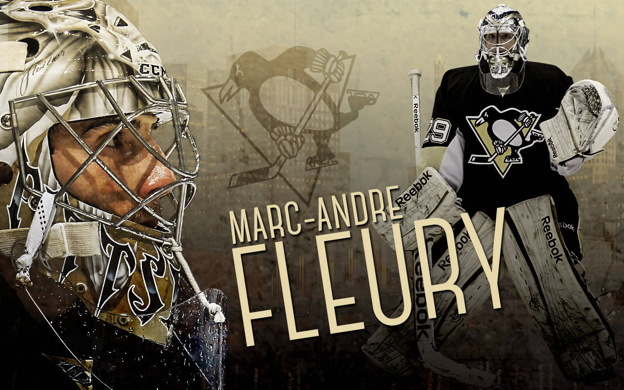 Knights 桌布 壁紙 — 冰球守門員 Marc-Andre Fleury 身穿全套裝備的特寫，背後有球隊標誌和名字圖案。