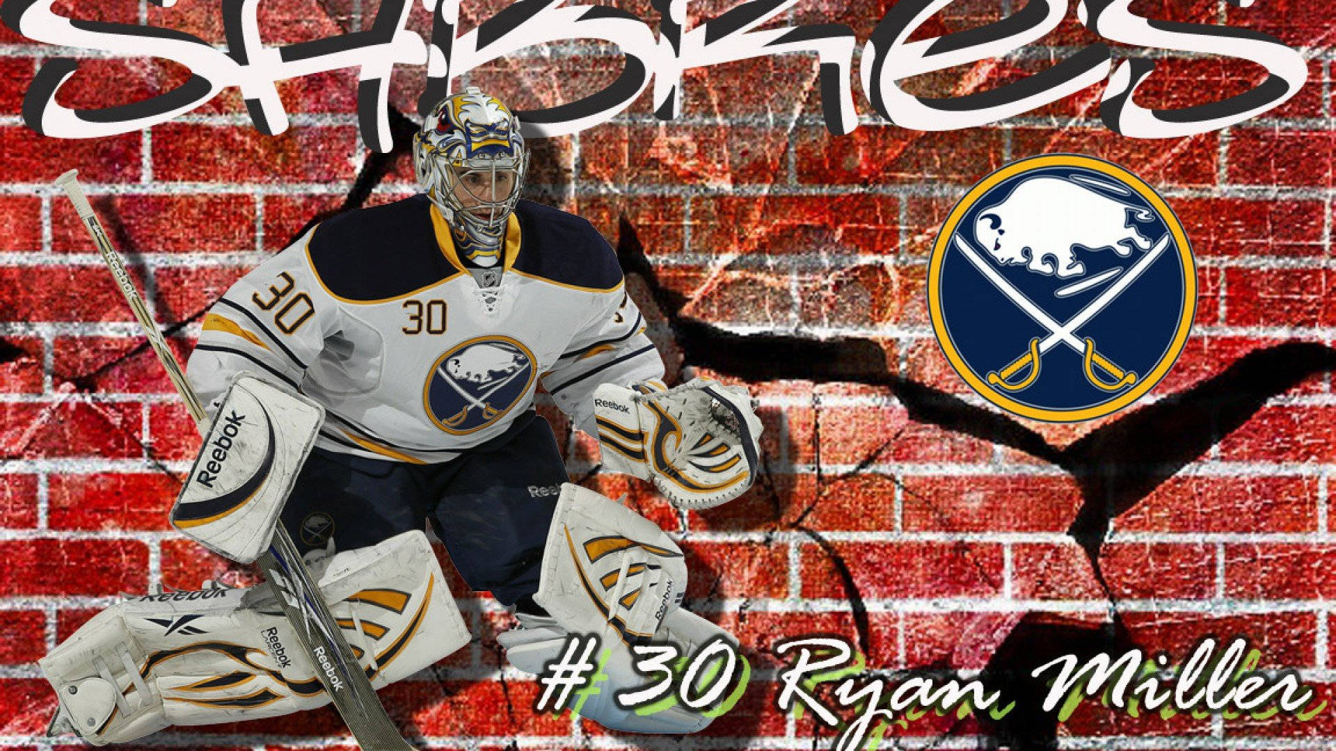 Sabres 桌布 壁紙 — 冰球守門員 Ryan Miller 全副裝備蹲在一個有塗鴉和球隊標誌的裂縫磚牆前。