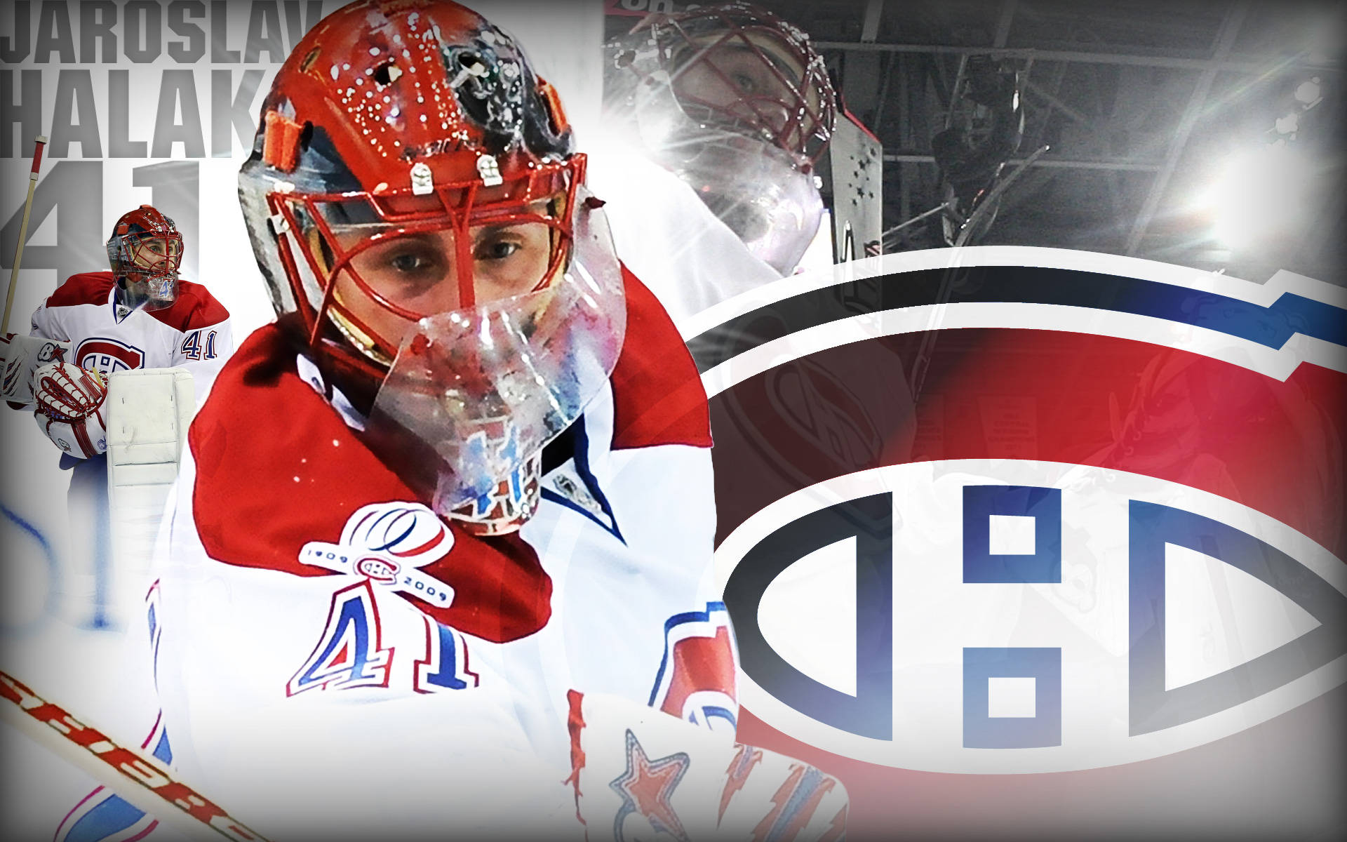 Canadiens 桌布 壁紙 — 冰球守門員Jaroslav Halak身穿紅白裝備的特寫，背景是蒙特婁加拿大人隊標誌。