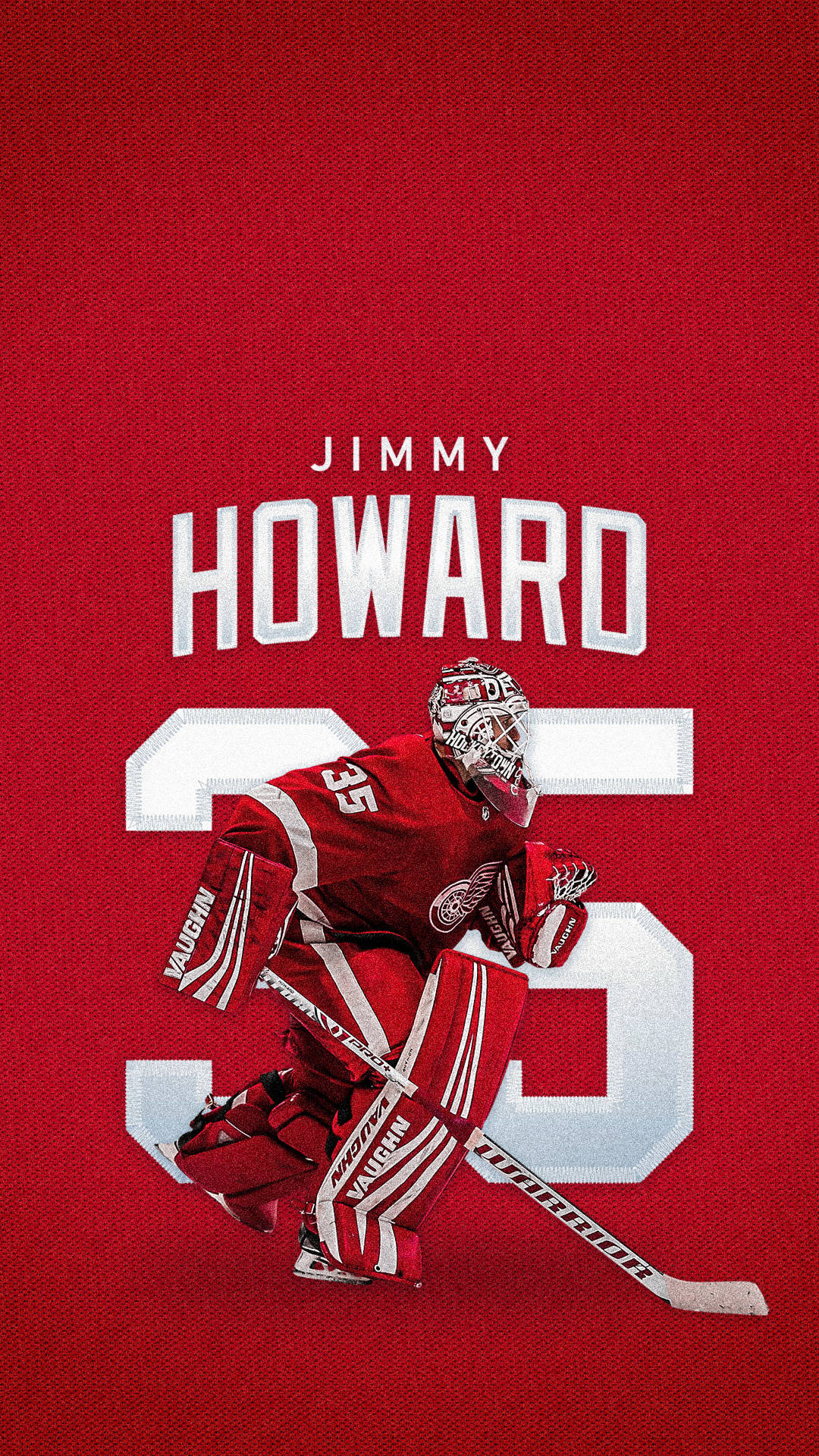 detroit 桌布 壁紙 — 冰球守門員Jimmy Howard身穿紅色裝備，蹲在紋理紅色背景上的巨大數字35後面。