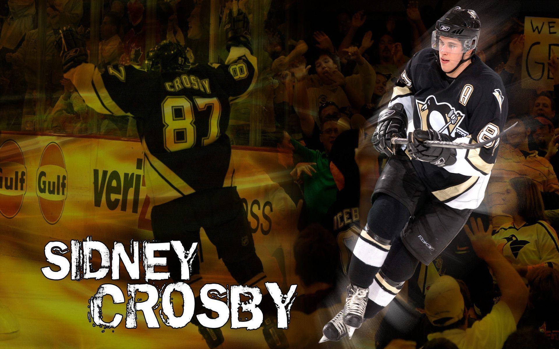 運動 桌布 壁紙 — 冰球巨星 Sidney Crosby 在明亮的體育場燈光下，於座無虛席的場館內與球迷一同慶祝進球。