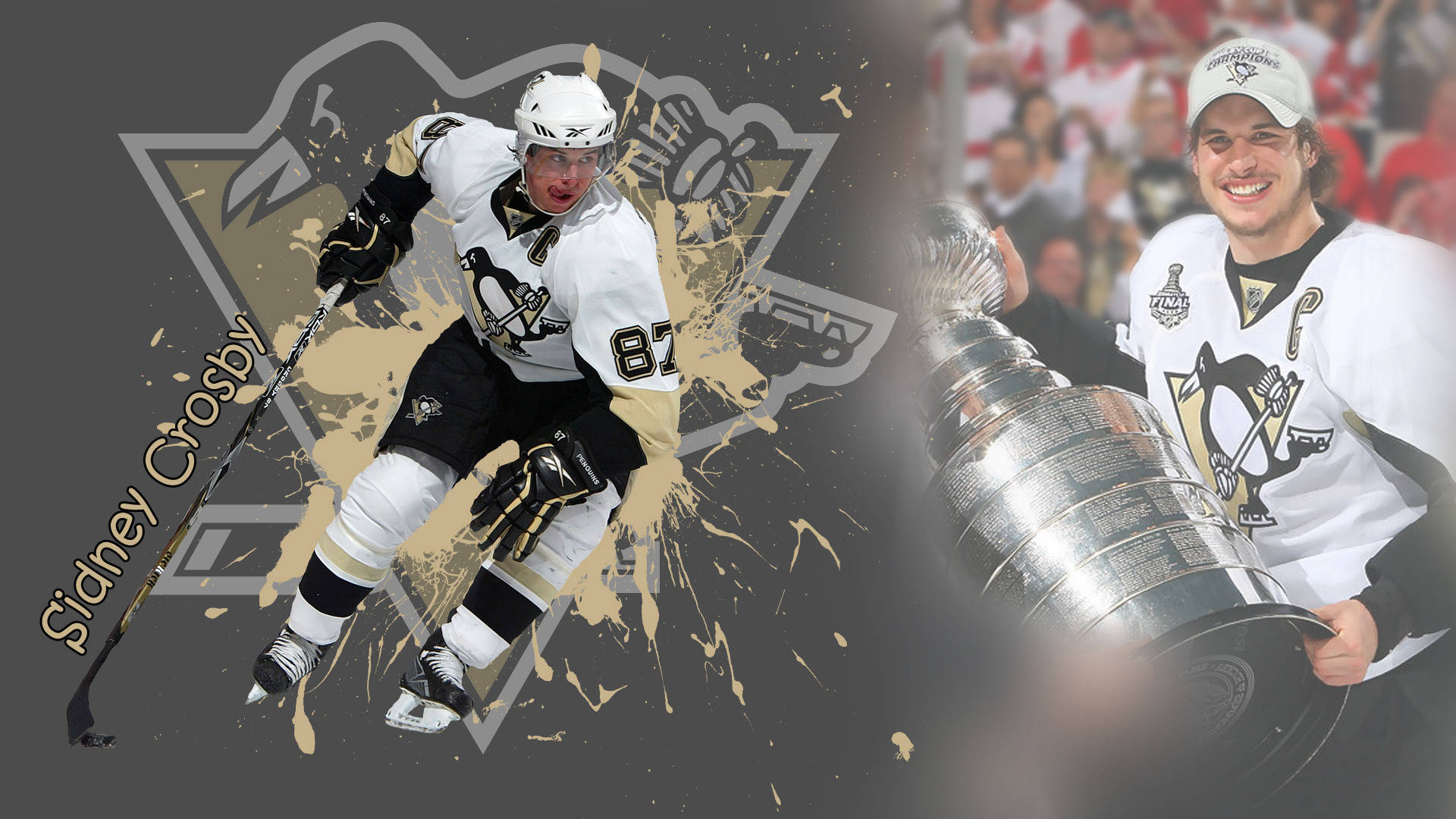 運動 桌布 壁紙 — 冰球明星 Sidney Crosby 正在行動中，並以動態金色油漆飛濺效果手持斯坦利杯。