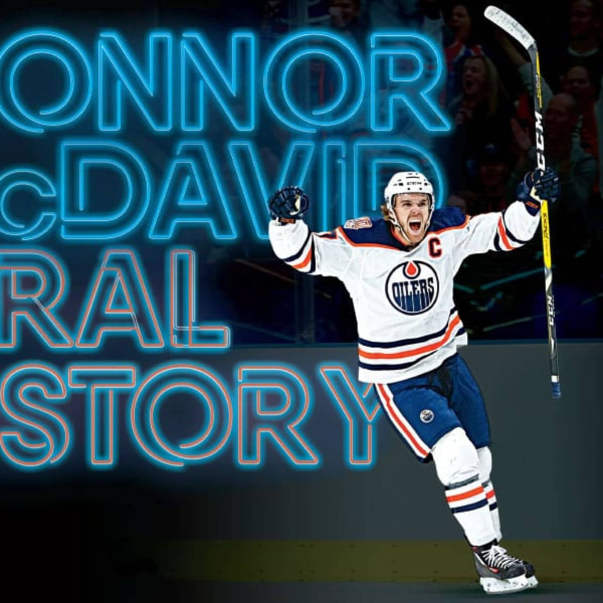 hockey 桌布 壁紙 — 冰球球員 Connor McDavid 身穿油人隊球衣，在發光的霓虹燈文字下勝利慶祝。