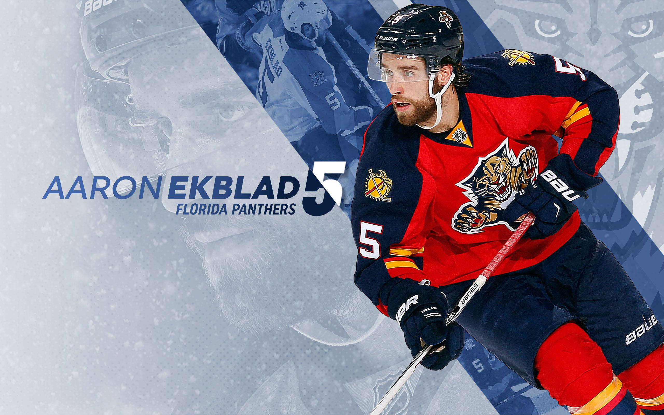 hockey 桌布 壁紙 — 冰球運動員 Aaron Ekblad 身穿佛羅里達美洲豹隊裝備，在雪花紛飛的冰面上動態滑行。