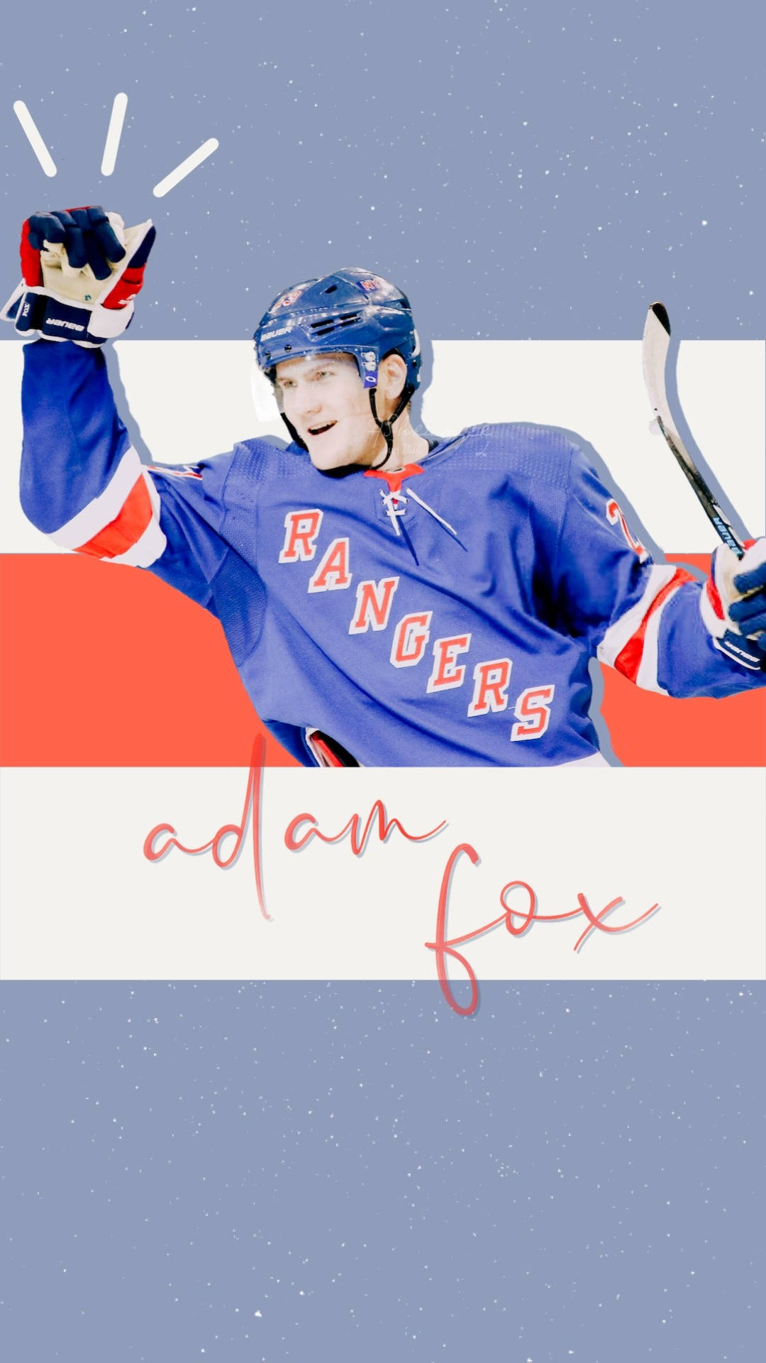運動 桌布 壁紙 — 冰球運動員 Adam Fox 身穿藍色 Rangers 球衣，在風格化的藍色和橙色背景下舉起手套慶祝。