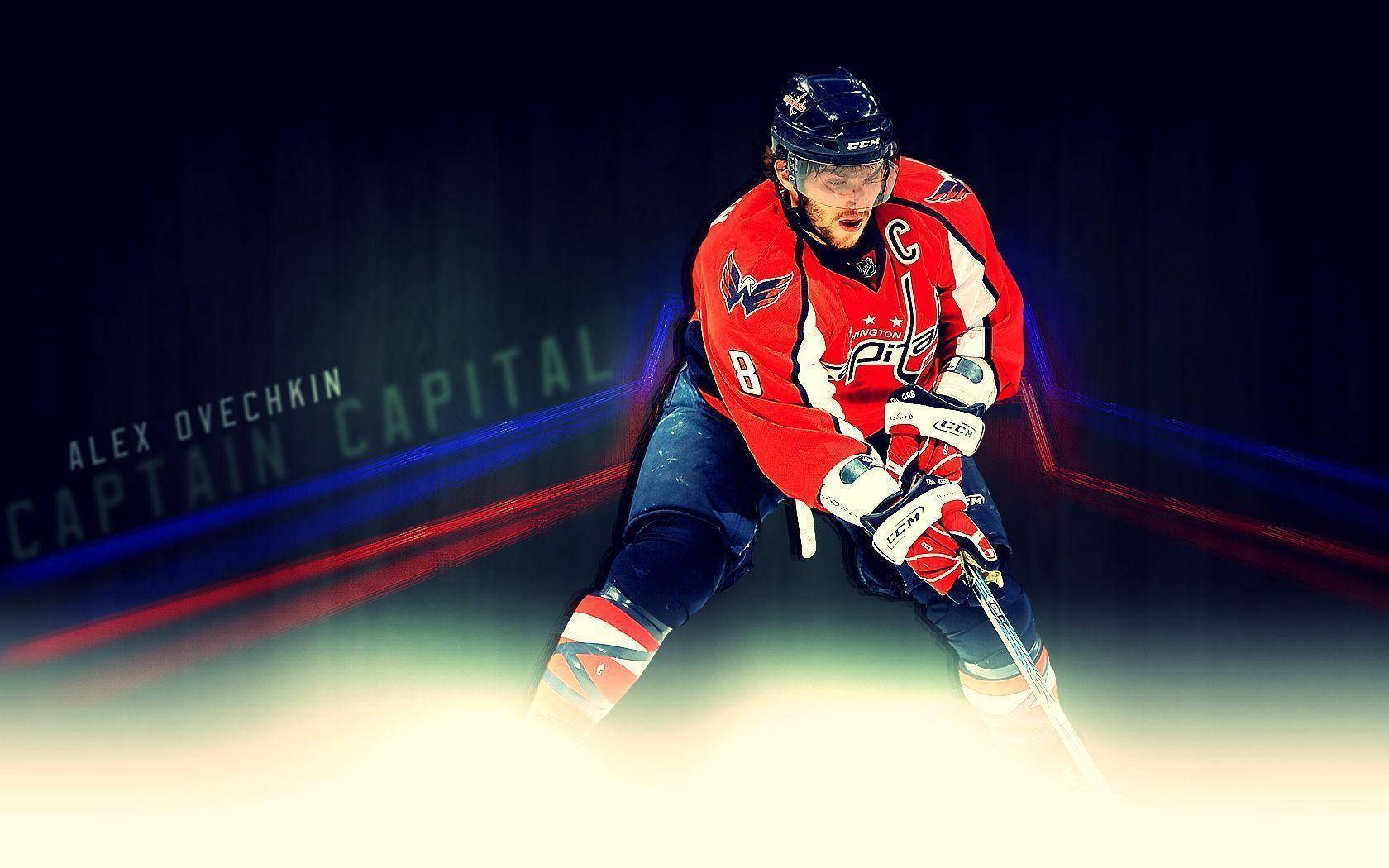 運動 桌布 壁紙 — 冰球運動員 Alex Ovechkin 身穿紅色 Capitals 球衣，在黑暗背景中帶有發光條紋，動態地蹲下。