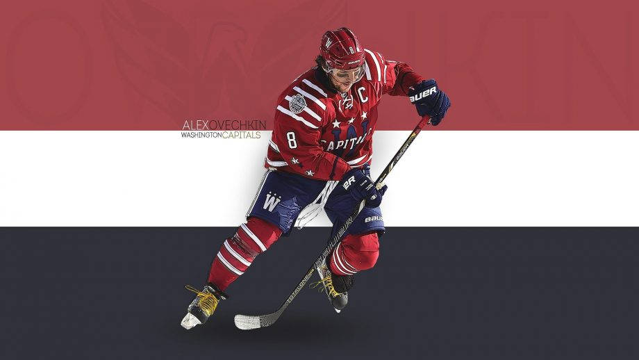 運動 桌布 壁紙 — 冰球運動員 Alex Ovechkin 身穿紅色 Capitals 球衣，在鮮明的紅白黑條紋背景上動態滑冰。