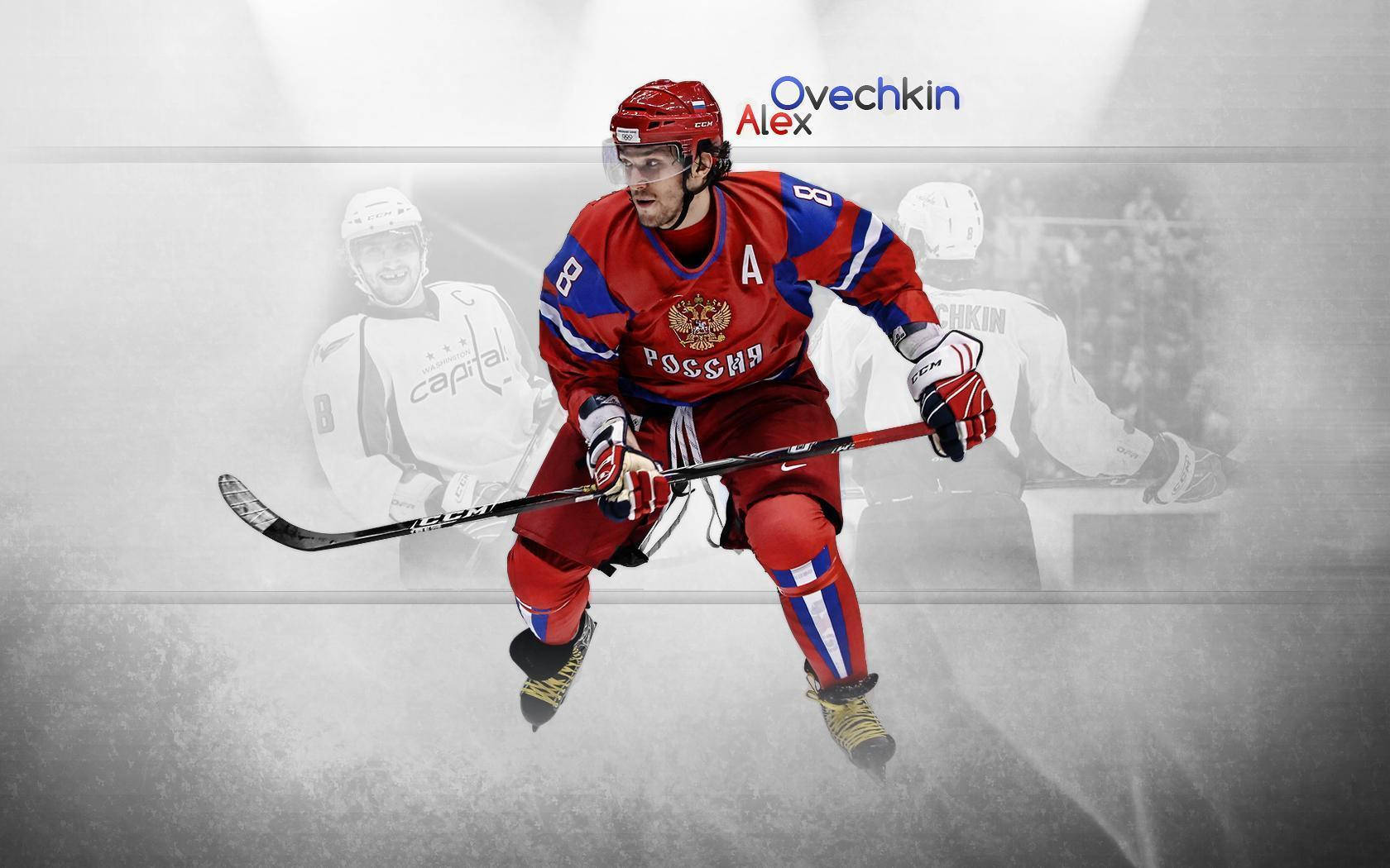 運動 桌布 壁紙 — 冰球運動員 Alex Ovechkin 身穿紅色俄羅斯球衣，在模糊的隊友背景下動態滑冰。