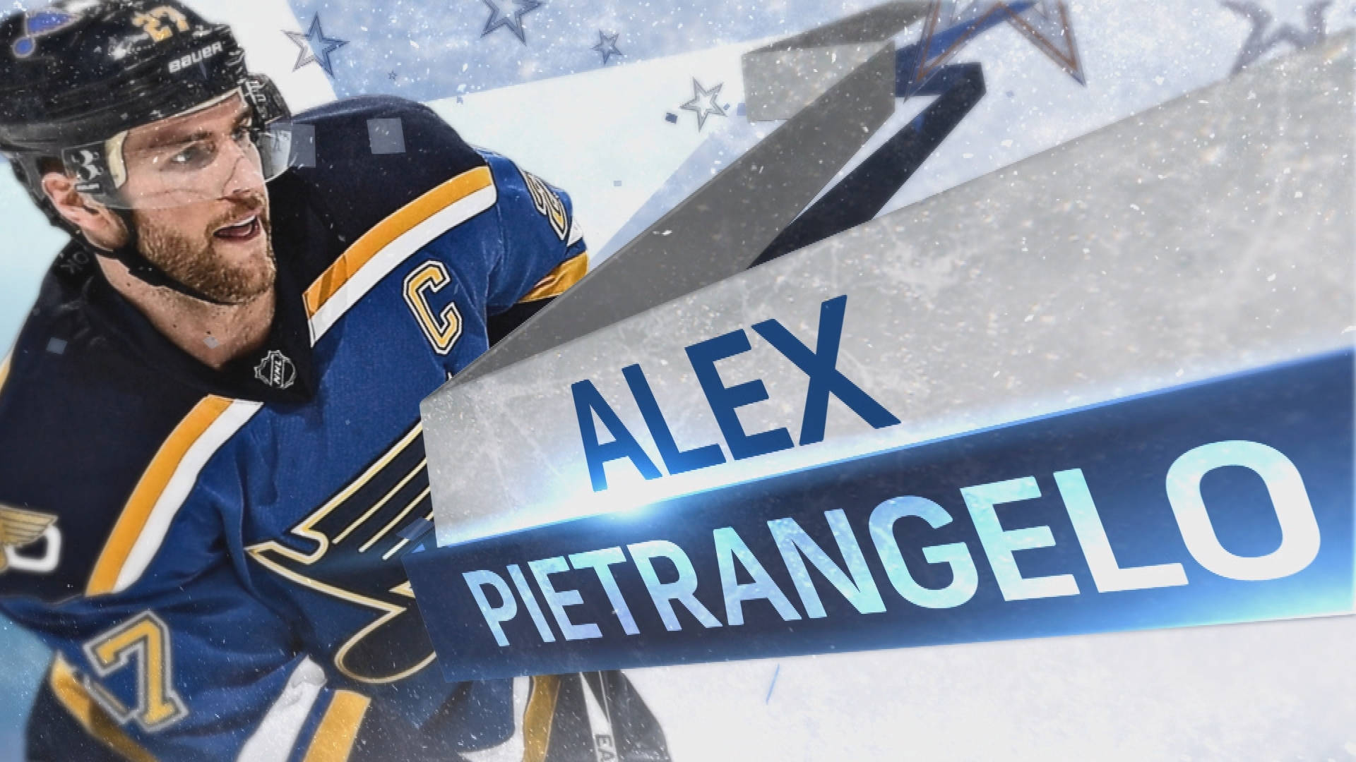 運動 桌布 壁紙 — 冰球運動員 Alex Pietrangelo 身穿藍金色制服，帶有隊長「C」標誌，在冰天背景中配上星星和他的名字圖案，表情專注。