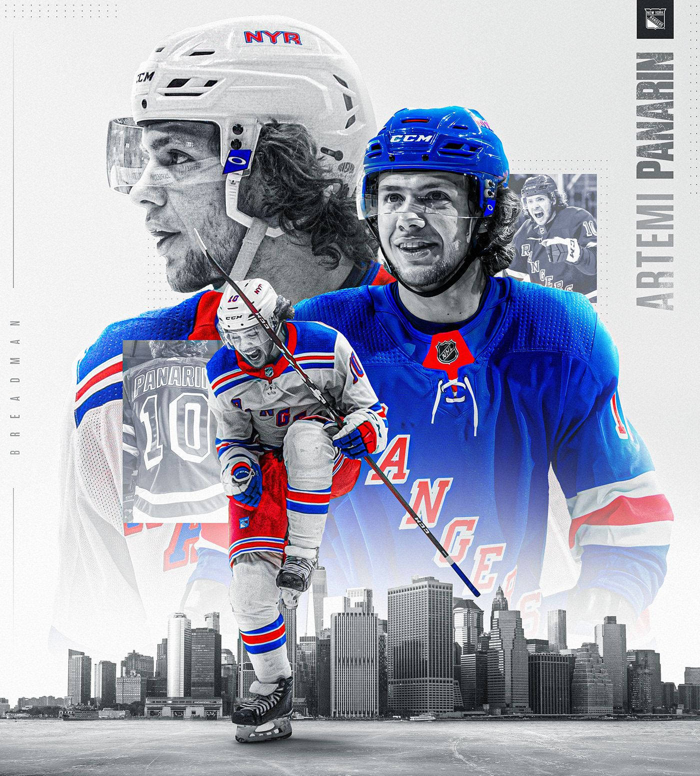 運動 桌布 壁紙 — 冰球運動員 Artemi Panarin 的動態拼貼，包含動作和肖像，背景為黑白紐約市天際線。