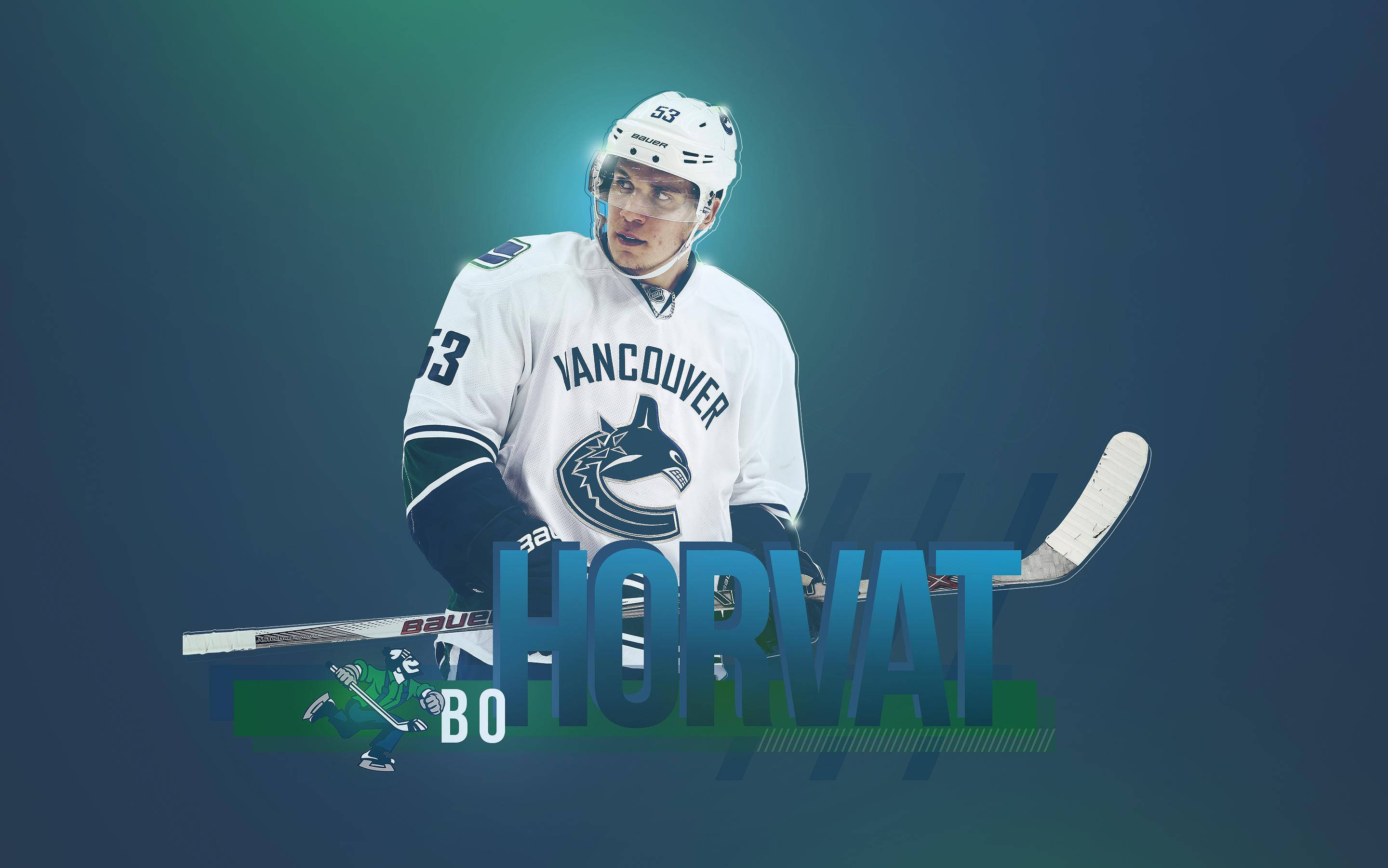 Vancouver 桌布 壁紙 — 冰球運動員 Bo Horvat 身穿溫哥華加人隊球衣，在漸變藍色背景上手持球棍，並帶有粗體名字圖案。