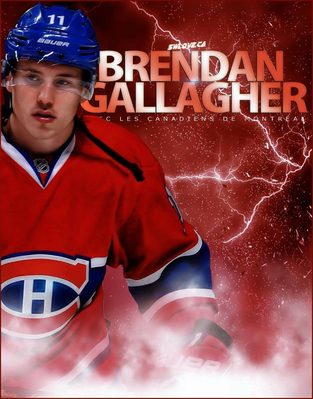 運動 桌布 壁紙 — 冰球運動員 Brendan Gallagher 身穿紅色蒙特婁加拿大人隊球衣，背後有閃電和煙霧效果。
