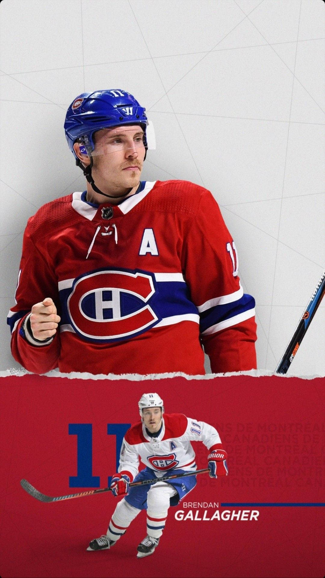 運動 桌布 壁紙 — 冰球運動員 Brendan Gallagher 身穿蒙特婁加拿大人隊裝備，在幾何背景前自信地擺姿勢，其 11 號號碼顯眼展示。