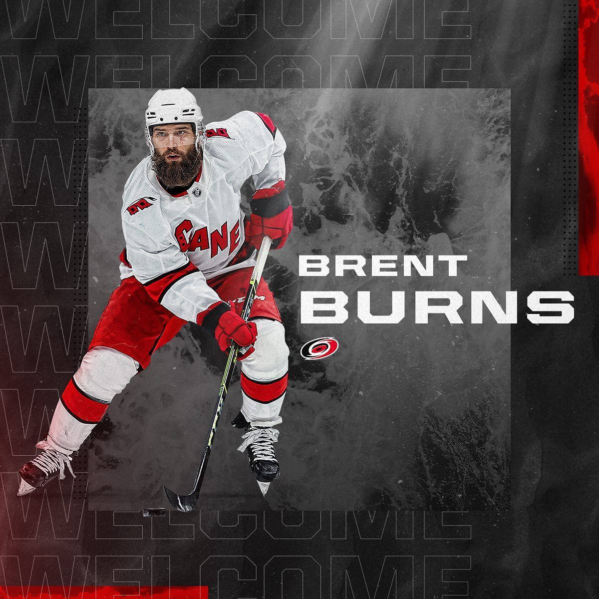 運動 桌布 壁紙 — 冰球運動員 Brent Burns 身穿卡羅萊納颶風隊裝備，在深色紋理背景上重複歡迎文字，準備行動。