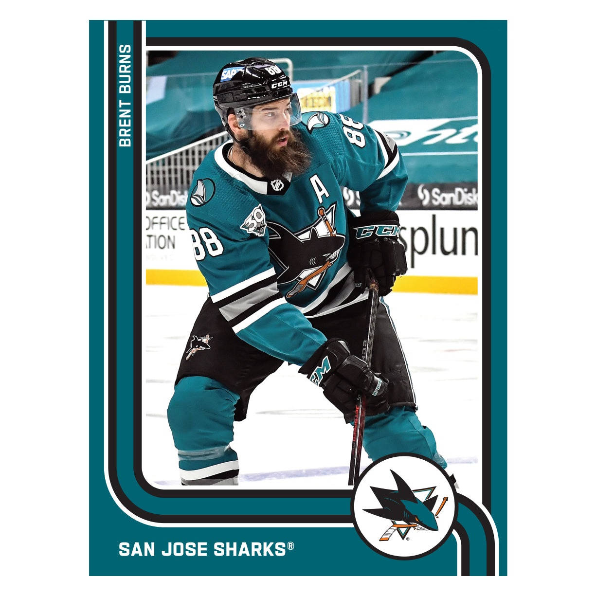 運動 桌布 壁紙 — 冰球運動員 Brent Burns 身穿青綠色聖荷西鯊魚隊制服，在比賽期間蹲在冰上手持球桿。