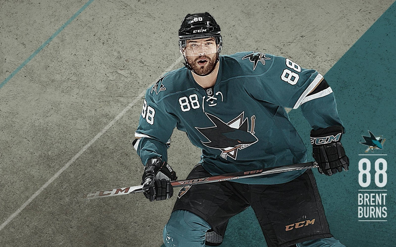 運動 桌布 壁紙 — 冰球運動員 Brent Burns 身穿青綠色鯊魚隊88號球衣，在冰場上拿著球棍激烈地蹲伏。