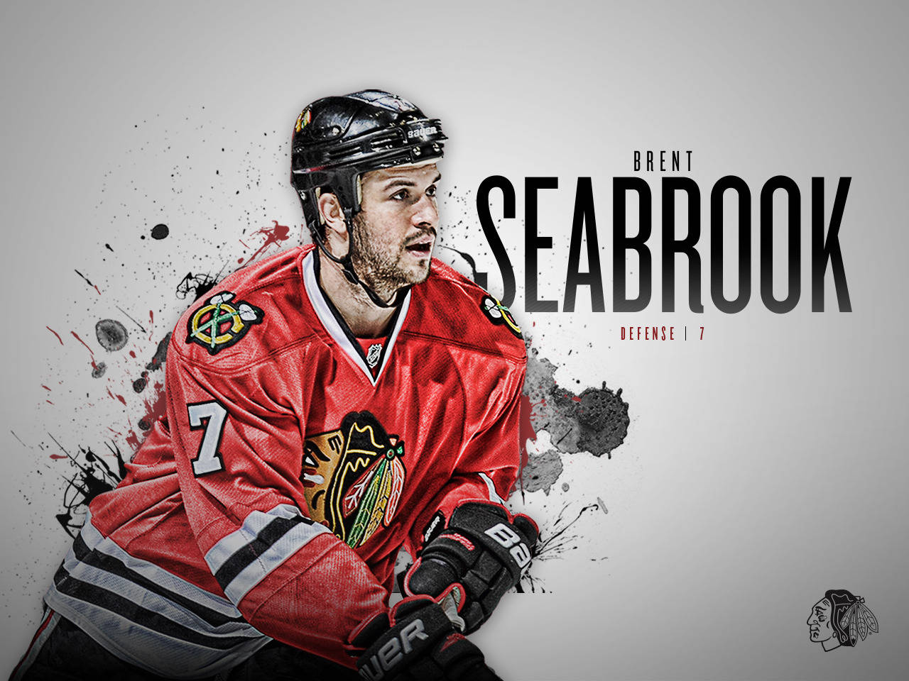 運動 桌布 壁紙 — 冰球運動員 Brent Seabrook 身穿紅色芝加哥黑鷹隊球衣，帶有動態油漆飛濺效果和粗體字體。